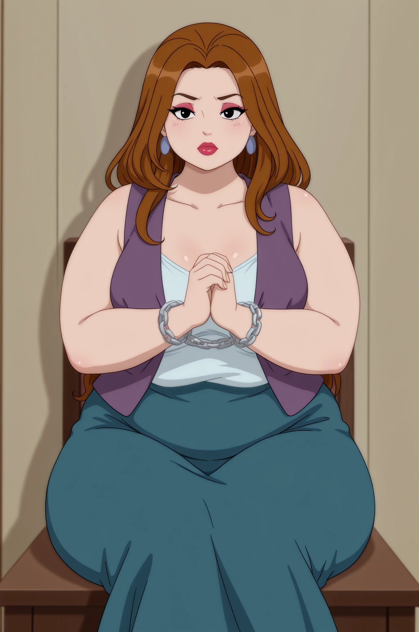 Debra, small . Pale red lipstick, brown hair, black eyes, pale red makeup, long hair, thick , chubby, overweight, chubby, fat, mature woman..| sleeveless jacket,shirt, long skirt, 1girl,solo,anime coloring, own hands together, (white chain around arms:1.1),bound arms,, ,best quality,amazing quality,,textless version, absurdres, sitting
