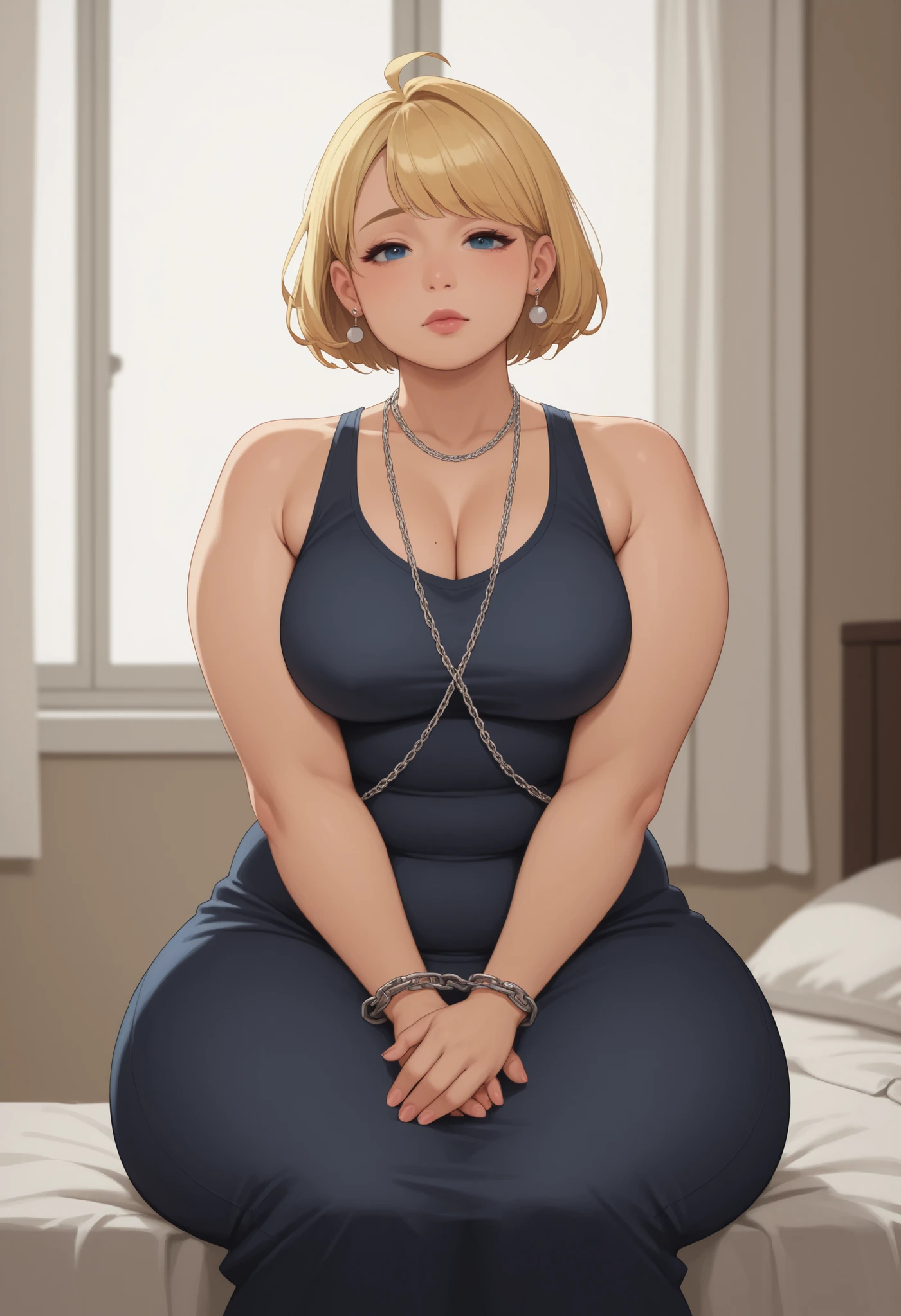 rita loud, mature woman, blonde hair, solo, short hair, medium saggy breasts, gigantic hips. gigantic ass. earrings, fat. | sleeveless jacket,shirt, long skirt, 1girl,solo,anime coloring, own hands together, (white chain around arms:1.1),bound arms,, ,best quality,amazing quality,,textless version, absurdres, bedroom. sitting