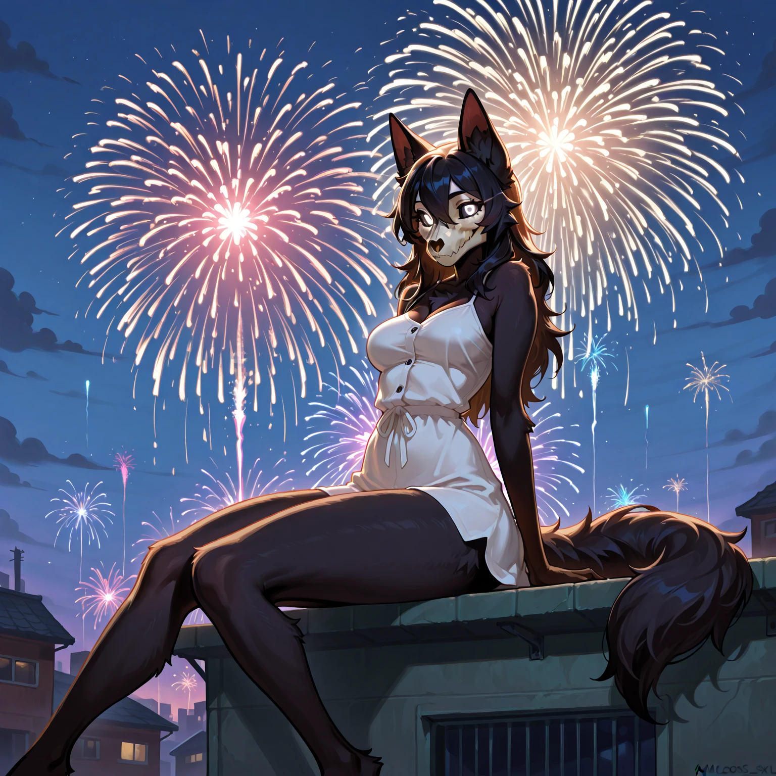 fireworks, bedroom,
1girl, bunyip, lamia, white kimono, black hair, large_breasts, 