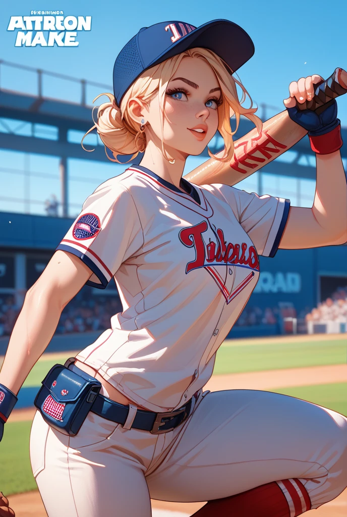 Baseball uniform、Upper Body、Stadium、Glare、Subjective、Large 、Blonde。