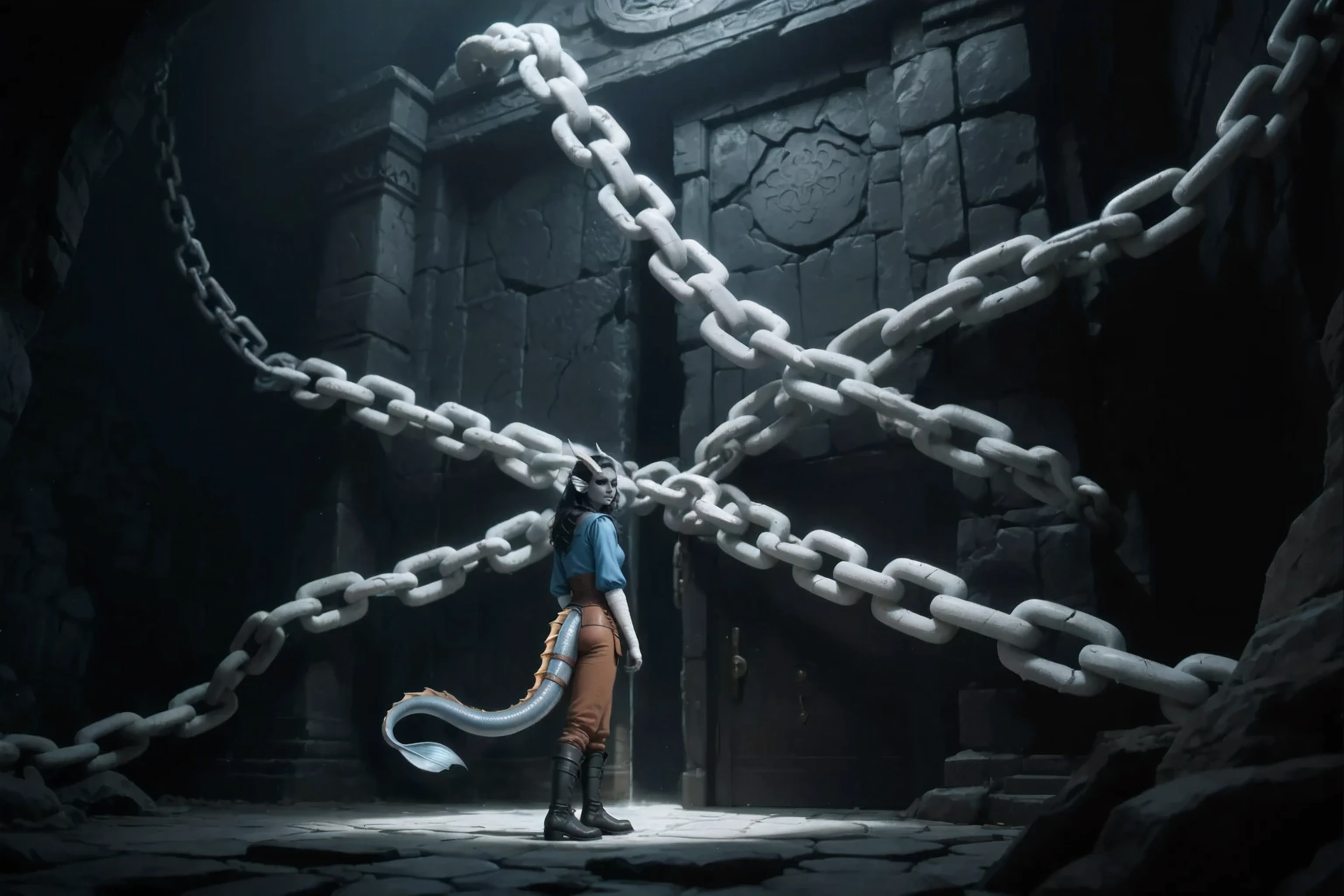 Better quality, Ultra-detailed, Highest resolution 8K, Cinematic emotional static frame, 8K UHD, extremely detailed, physical visualization, masterpiece,
dark aesthetics. Gloomy shot. dark fantasy style. A slightly side view showing scale and epic
In the foreground, a tiny view from the back can be seen standing Kedra, fins on the head, , a long thick tail spreads across the ground, black hair, brown pants, medieval boots, blue tunic.
The background shows a huge stone ajar door of gigantic dimensions. covered with many gigantic huge stone chains made of bright white stone. Huge doors bound in chains.
From the darkness of the thin gap between the open doors, you can see a monstrous demonic eye. Chains cover the door leaves diagonally, preventing them from opening.
Against the background, a gloomy cave of an ancient temple with black stone doors made of gloomy black stone. gigantic.