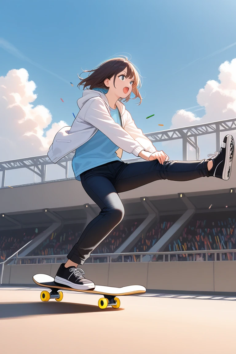 Realistic, vibrant image of a young, K-pop idol-like woman in her 20s, in a professional skateboarder's attire, at a skate park, performing a trick, capturing the energy and boldness of skateboarding culture.