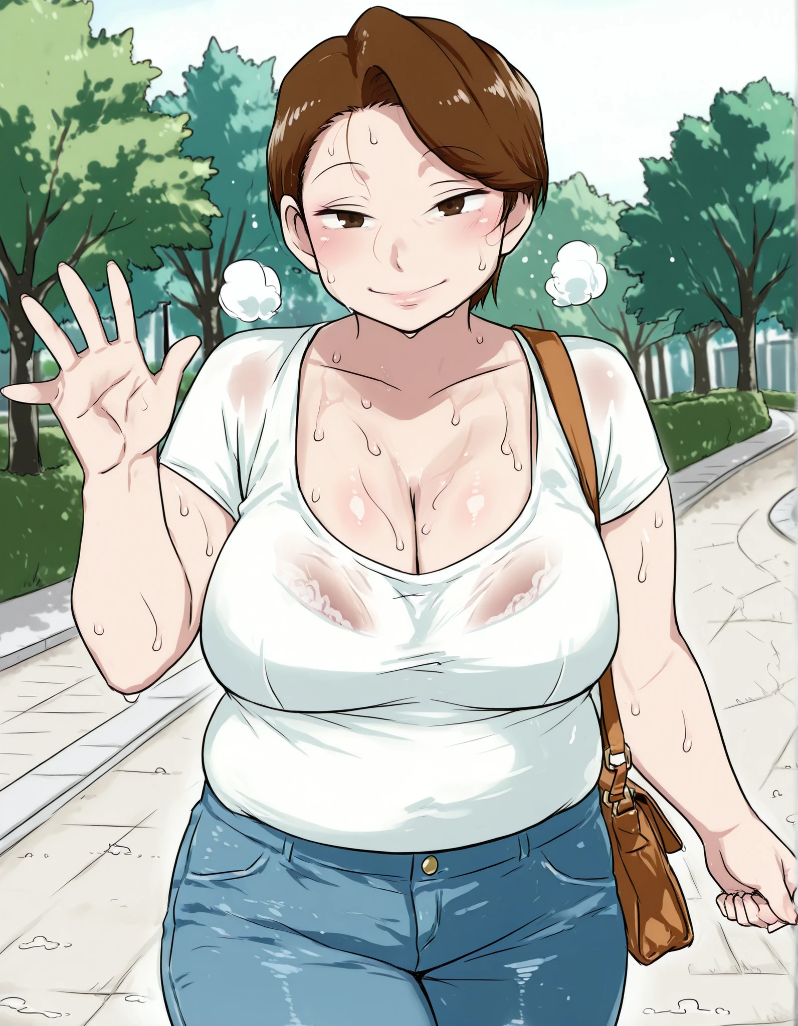 score_9_up , score_8_up , score_7 , masterpiece, Midsummer afternoon, In an empty park, one mature woman is waving, mm,mature female,brown hair,short hair,brown eyes,plump,large , white shirt,denim,pants, Smile Yan, sweaty clothes, cleavage, shoulder bag, steamyILL, steam, smell,steaming body, visible breath