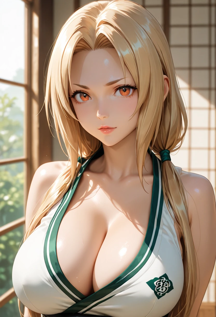 orange eyes, (highest quality, masterpiece painting:1.3), immature woman, 16 years old, (half body shot), masterpiece, ultra high resolution, (Photoreal:1.0), yellow hair, pigtails, straight hair, beautiful shining hair, white and shining skin, ((Ultra realistic details)), octane rendering, highly detailed face, (:0.8),( and cute cheongsam,red and white contrast outfit,delicate decoration:1.2), open neckline, (necklace:1.0),cleavage, perfect body, soft skin, anime face, perfect face, perfect eyes, looking at the viewer, smart, Under autumn leaves tree background, Autumn leaf petals are falling, outdoors,shrine, sharp focus, intricate details, professional artwork, (bright colors:1.1), bright colors, diffused lighting, digital blending, ultra-definition body, ultra detail hair, super detailed face, that'It's trending on pixiv, top button open, Cute gaze, compensate, perfect lips, perfect compensate, Ultra-precision coating, (angry:0.8), (glare at viewer:1.2), 