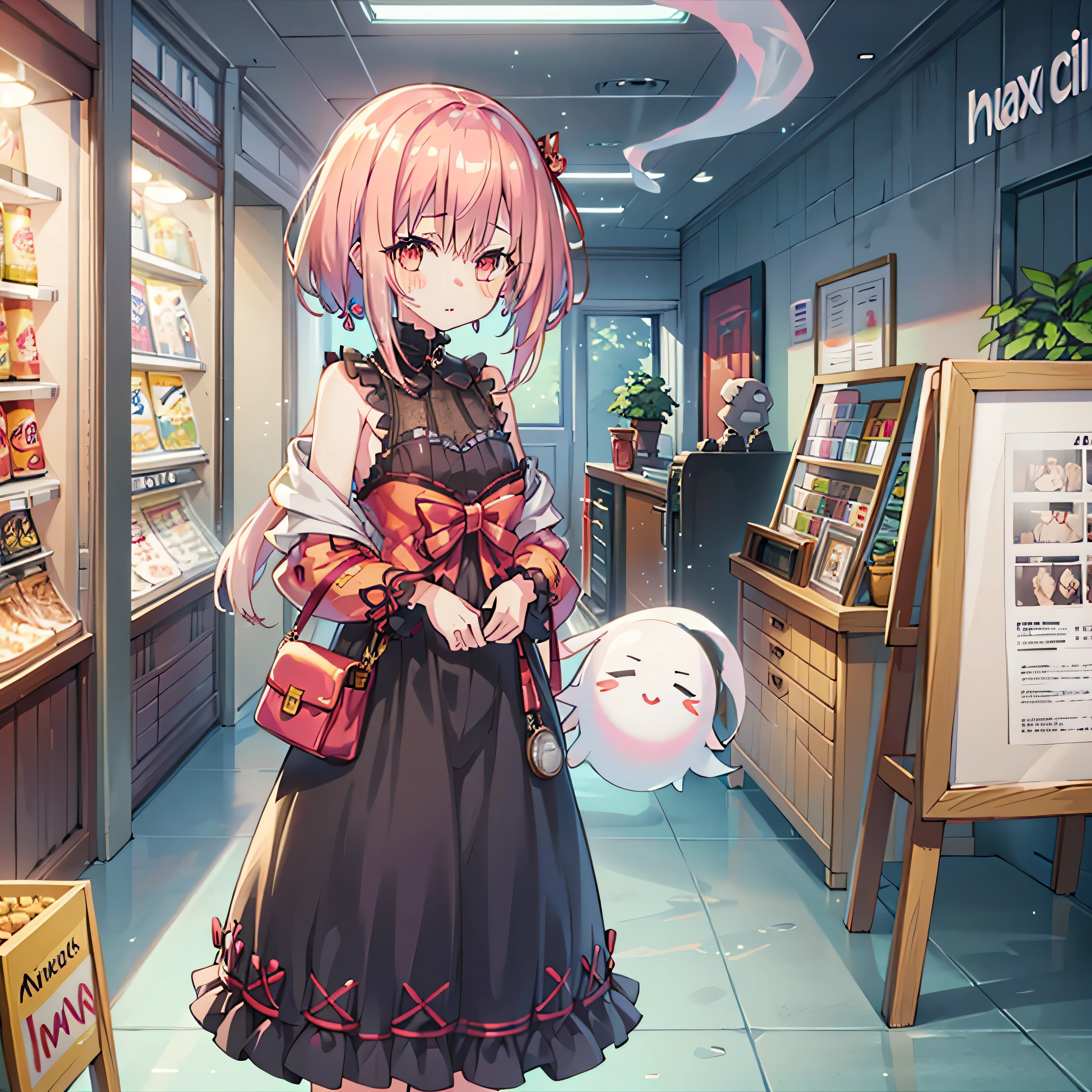 masterpiece , 最High Quality , High Quality , very aesthetic , Newest , Scenery , volume lighting , depth of field , ((1 girl)) , ((she's a ghost and looks a little transparent)), 1girl, long hair, Blonde、with the forehead visible、beautiful forehead、 red eyes、Zitoida、short eyebrows、 fox ears, fox tail、colorful print clothes、oversized white hoodie、PINK SHOULDER BAG、white short socks、pink sneakers、elementary school student、flat chest、shiny skin、young face、embarrassing expression、((looking at viewers))、((trying to buy a can of beer on the cash register))、((Canned beer))、Blush、sweat、estrus、Face gaze、face up、standing、angle from above、Full Body、5 Anatomically Correct Fingers、famima, scenery, indoors, japan, shop, ceiling, cashier, monitor,,