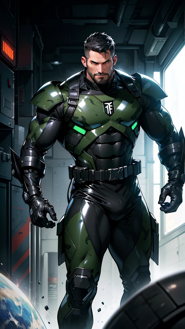 High, huge, muscular police officer with his mouth open and screaming..，Khaki camouflage uniform，character idea（Resident Evil - chris redfield，chris redfield）senior police officer，Wearing a khaki camouflage wetsuit，Matte texture，regular symmetrical texture pattern，Standing in the dark sugar cane jungle, The body is wrapped in thick rattan，sad expression，Deep and charming eyes，Emerald Pupil Hero，heroic male pose，高大burly，muscular！Charming leg muscles，High, burly, Heqiang， Wearing a khaki camouflage wetsuit， Super gain and cool， high resolution committee， Big feet in black boots，Charming strong man，The bright sunshine is shining on you，matte particles，shiny texture