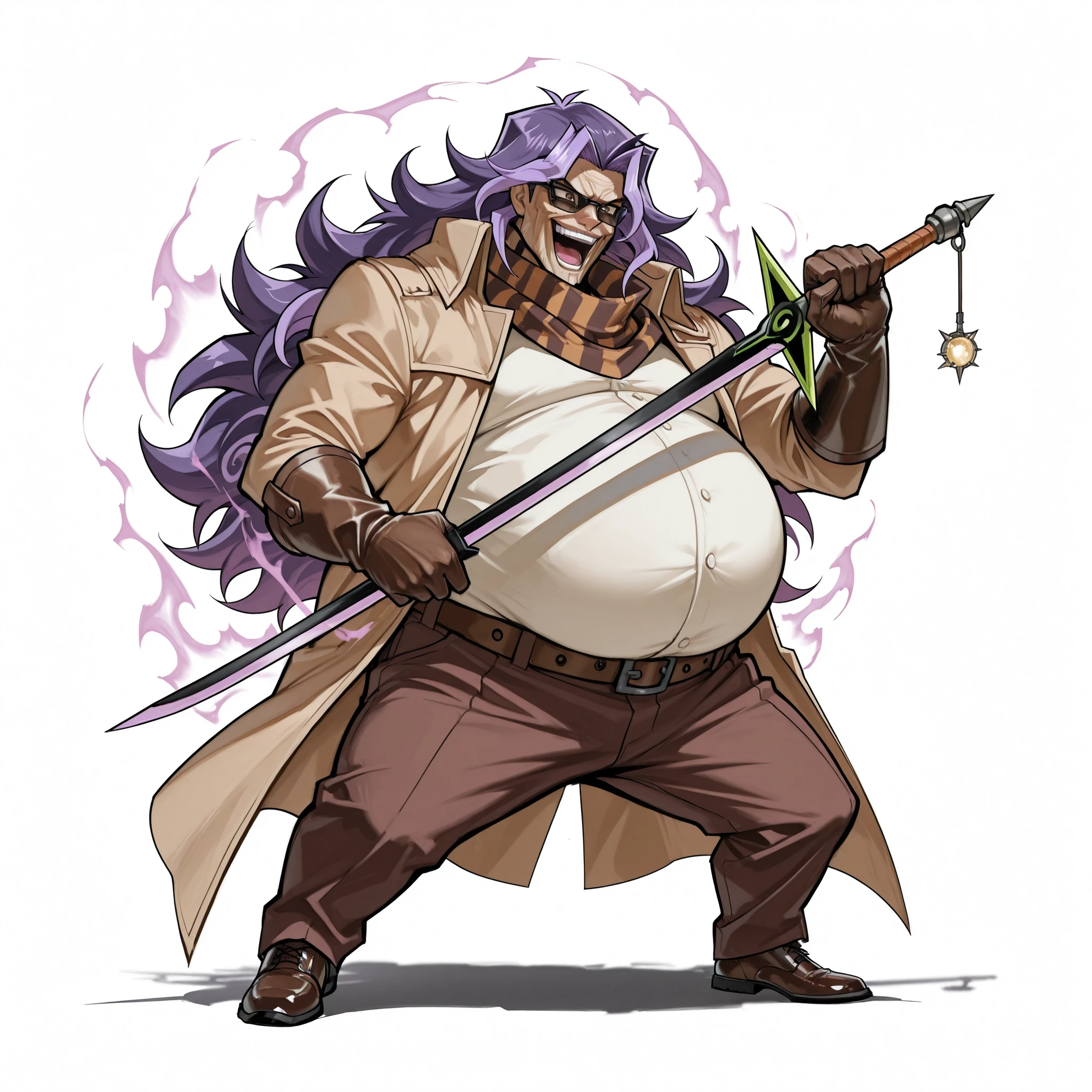 (male), (old man), (short legs), (large arm), (giant character), (giant body), (very fat body), (purple hair), (curly long hair), (no bangs hair), (brown eyes), (villain face), (solo), (single character), (full body version), (white background), (no background), (highly detailed), (shadow), (standing pose), (natural light), (detailed outfit), (detailed hand), (detailed face), (detailed hair)
Wearing international villain outfit, toppless, brown long trouser, long trench coat, leather gloves, polished shoes, stylish scarf, sunglasses, confident pose, exuding dangerous aura, (laughing face, laughing pose), (holding one sword Legendary in one hand), (Yu-Gi-Oh style art)