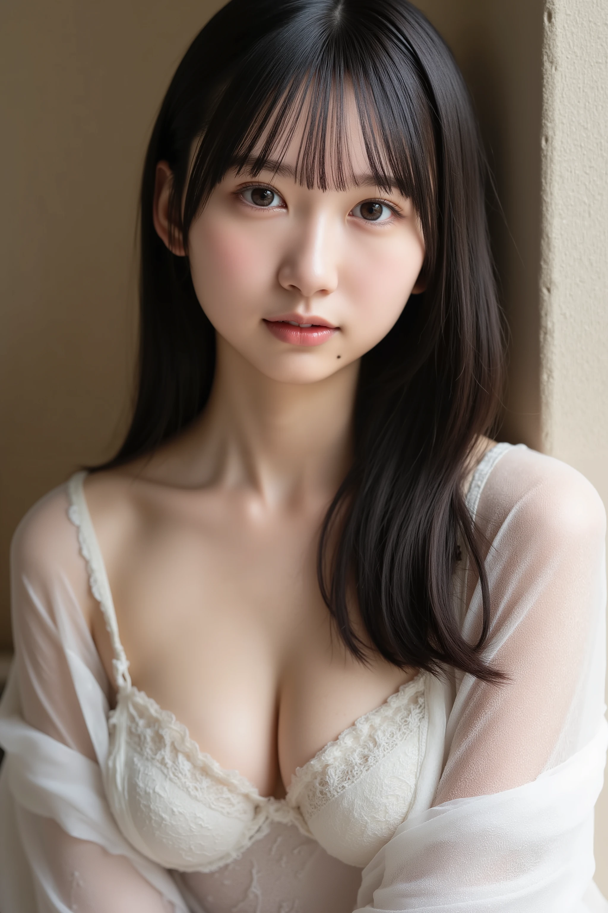 High-resolution photo of a young Japanese woman.
16K, masterpiece, high quality, ultra detailed, photorealistic, natural lighting,
1girl, beautiful hair, big cleavage, (see through clothes, white bra, off shoulder),
her eyes are seductive, loving gaze, looking at viewer,
An extreme close-up shot of the face,
Fantastic landscape, particles of light, eroticism, Soft light from behind