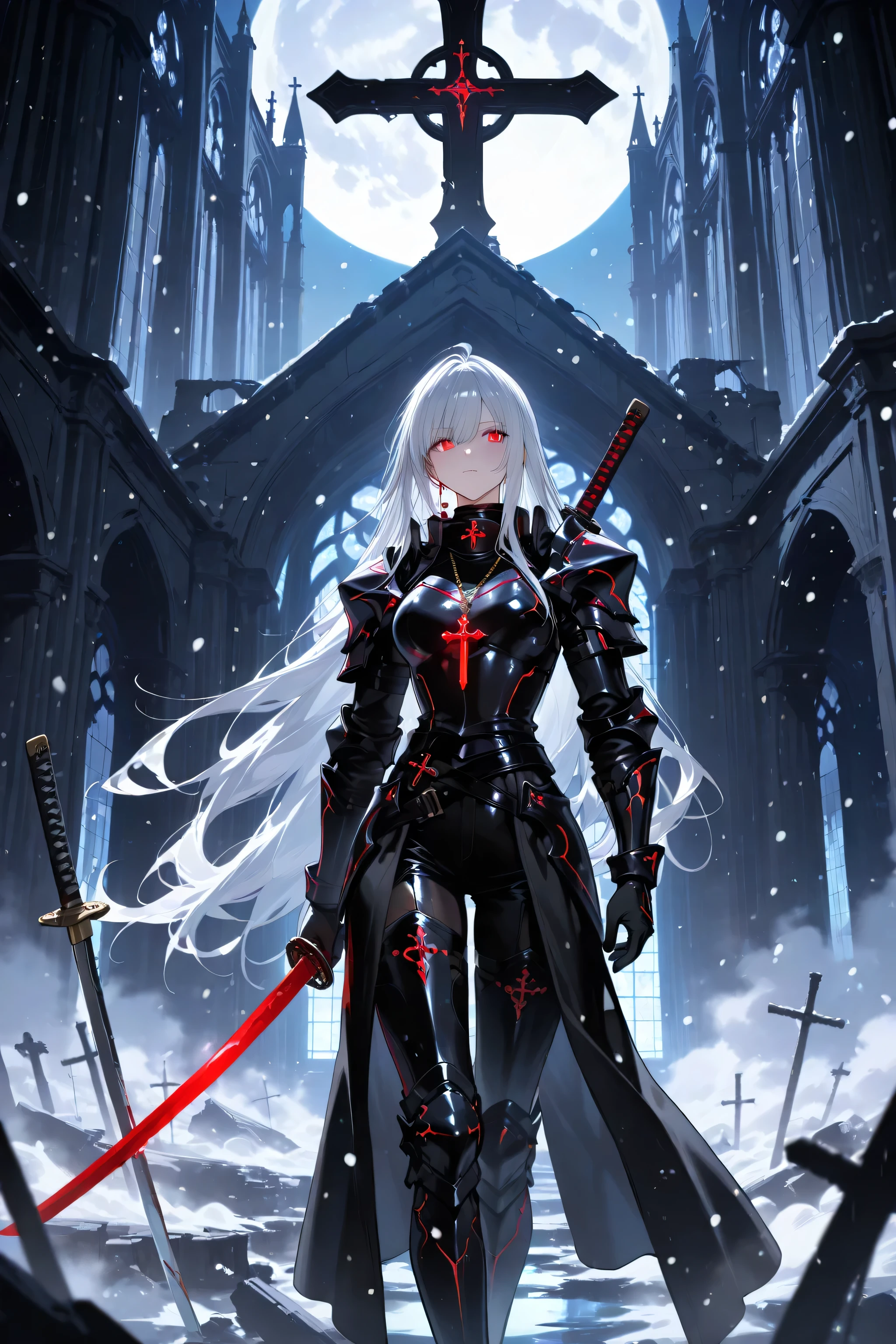 High Quality, High-end photo, clear detail, Female warriors wearing light black armor, Pulling Katana from the pod, Large cross hanging on the back, Reflection from Katana blade, Glowing Red Eyes, long flowing silver hair, wearing black leather gloves, Small cross necklace, standing among the ruins Ruins of the church, full moon, Light snow , low floating fog, Dim light, lines of light, dust effect in the air