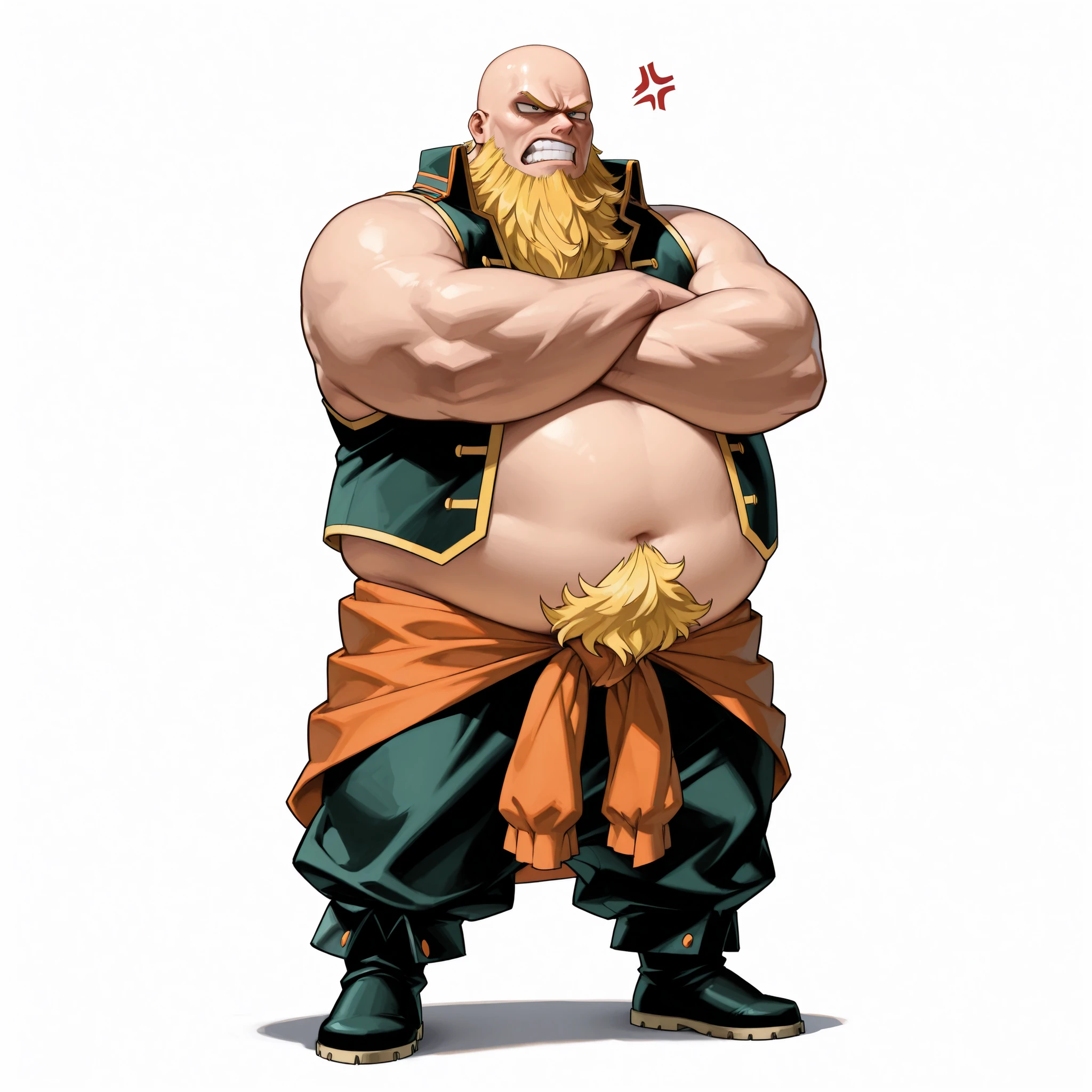 (male), (man), (bald), (short yellow beard), (short legs), (large arm), (Giant character), (Giant body), (very fat body), (angry face), (crossed arm pose), (solo), (single character), (full body version), (white background), (no background), (highly detailed), (shadow), (natural light), (detailed outfit), (detailed hand), (detailed face), (detailed hair)
Wearing a casual pirate crew outfit, simple open shirt, loose trousers, sash around waist, casual vest, barefoot or simple pirate boots. His presence still feels dominant and intimidating. (Boku no Hero academia style art)