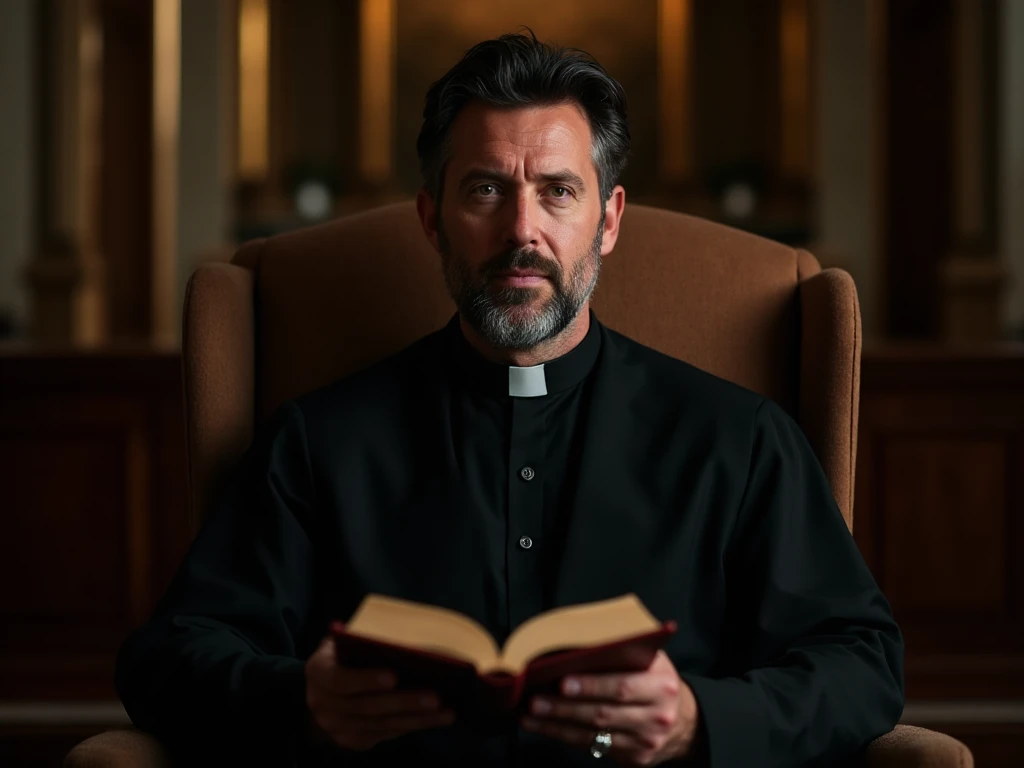 A handsome middle-aged priest with dark hair and a neatly trimmed beard, wearing a black formal dress shirt, sitting calmly in an elegant armchair while holding an open Bible in his hands. His expression is peaceful, wise, and full of compassion, as if sharing a message of faith and hope. Behind him, a softly lit classical interior with warm tones and refined details creates a sacred and dignified atmosphere. The lighting is cinematic, with soft focus, warm highlights, and an ultra-realistic, serene, and inspirational mood.