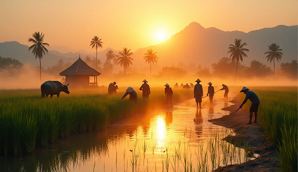 Ultra-realistic 8K photo of Asian farmers working in a rice field at ...