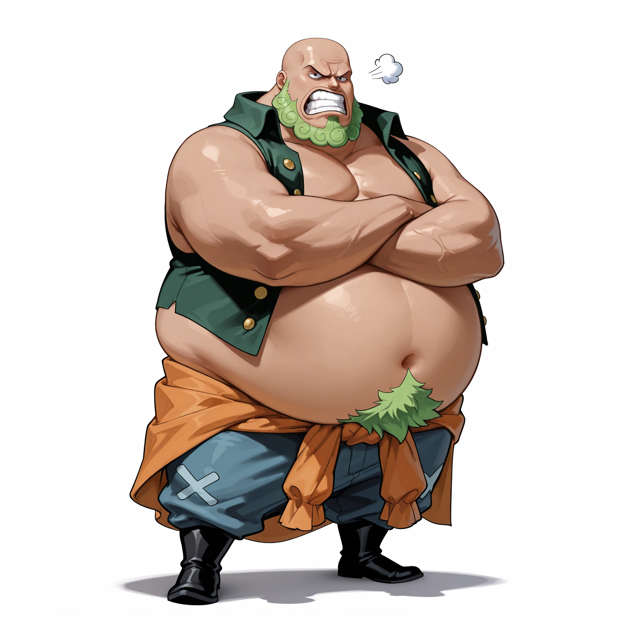 (male), (man), (bald), (short green beard), (short legs), (large arm), (Giant character), (Giant body), (very fat body), (angry face), (crossed arm pose), (solo), (single character), (full body version), (white background), (no background), (highly detailed), (shadow), (natural light), (detailed outfit), (detailed hand), (detailed face), (detailed hair)
Wearing a casual pirate crew outfit, simple open shirt, loose trousers, sash around waist, casual vest, barefoot or simple pirate boots. His presence still feels dominant and intimidating. (One piece style art), dark skin