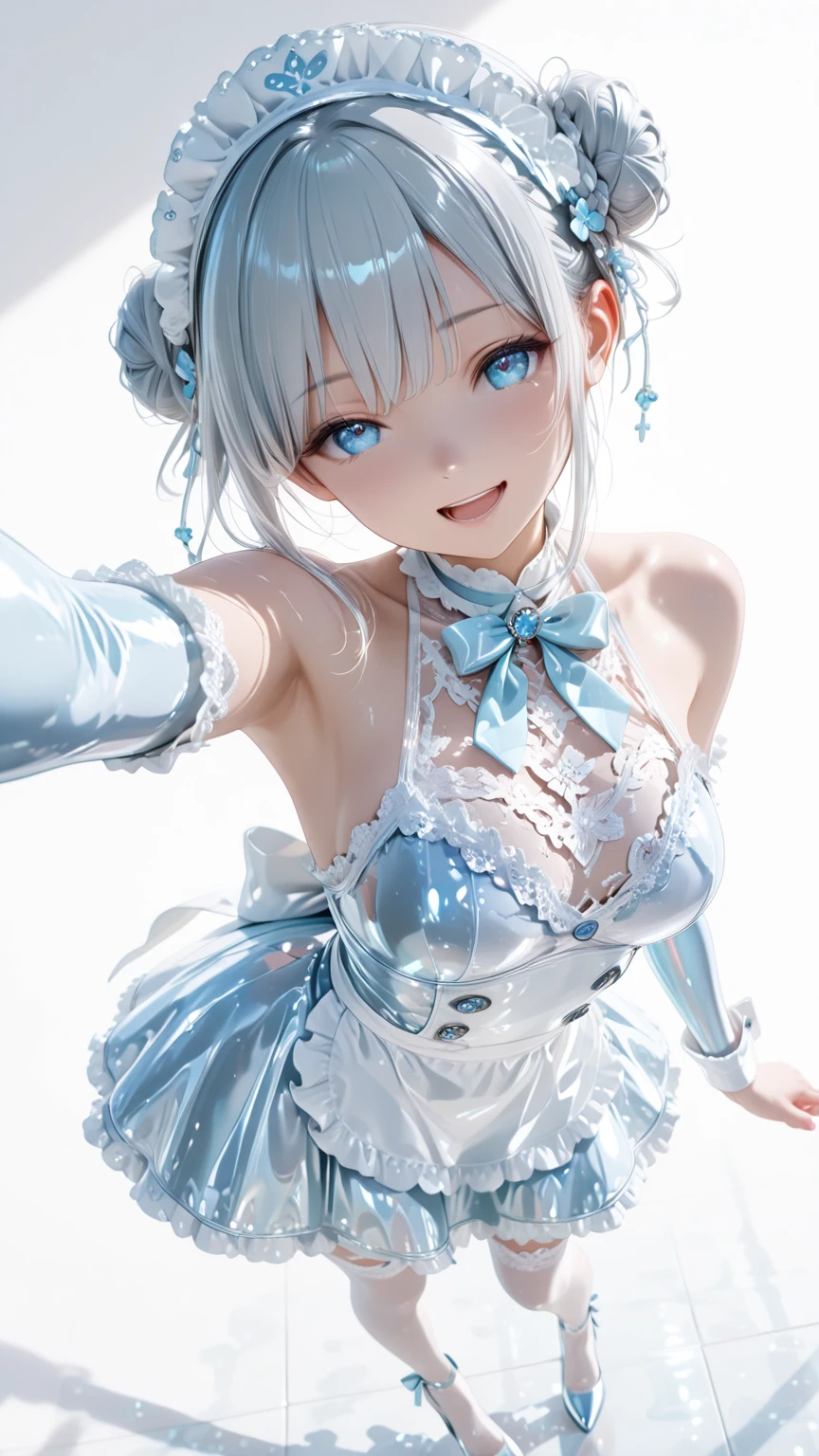 （（（ＳＦＷ、Highest quality、First Class Masterpiece、normal body 、32k、detailed face、super precise、Normal Hand、5 fingers、Highest）））、Shirai Hinako/Hinako Shirai 、『Blue Reflection/Blue Reflection』、Beautiful girl、Ballerina、Magical Girl、 Silver Hair、Odd Eye（Blue pupil、Black Eyes）、short hair、Slim、Slender、 Slim、Short Height、neat and graceful、Obscene and Obscene Ultra Thin Skin See-Through High Leg Santa Costume、 Navel Exposure 、slave iron collar with chain lead、Blushing embarrassed、teary eyes、（The obscene and big pink heart obscene tattoo engraved on the lower abdomen shines mysteriously、The obscene pink heart on the navel shines off、pink heart obscene tattoo engraved on the chest、Heart Eyes、eyes are heart shaped、Dancing Ballet