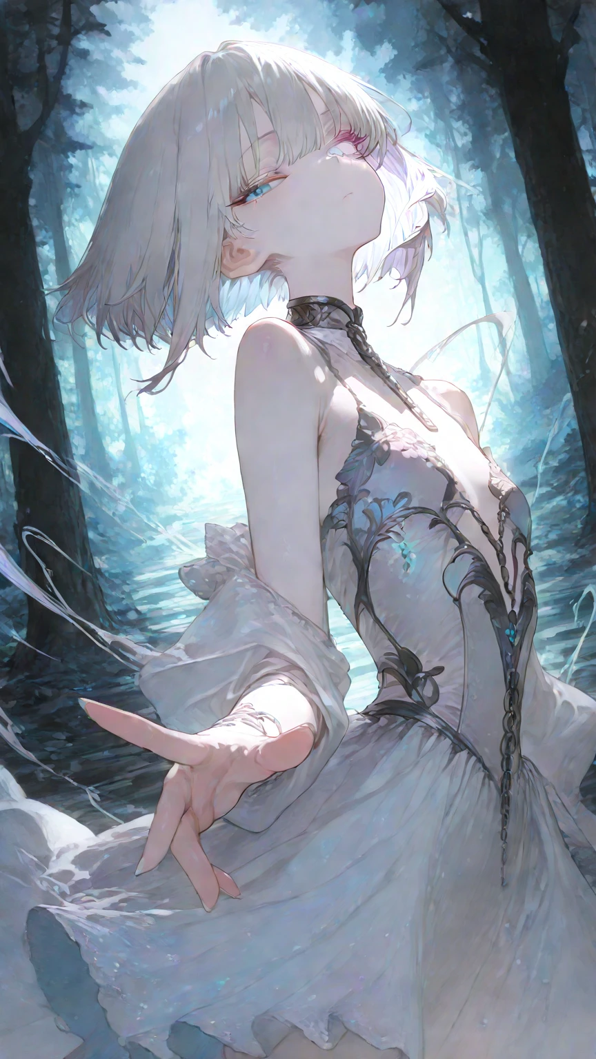 masterpiece、Highest quality、Beautiful expression、Absurd、Extraordinary World、Beauty、solo、Idol、(Cowboy Shot、Light blue ruffle lace long dress、white collar、White Ruffled Cuff、particle:1.5)、(bloom、Shine:1.4)、(Laughter)、(Short white hair、blue eyes:1.7)、Sharp focus、Photorealistic、High resolution、Most detailed、Very detailed、Detailed face and eyes、Sharp pupils、Realistic student、Sharp focus、 Shiny skin、Black Corset、Black pantyhose、(Dark Forest、moon、Dark Background:1.5)、Rim Light、dynamic, Cinema Lighting