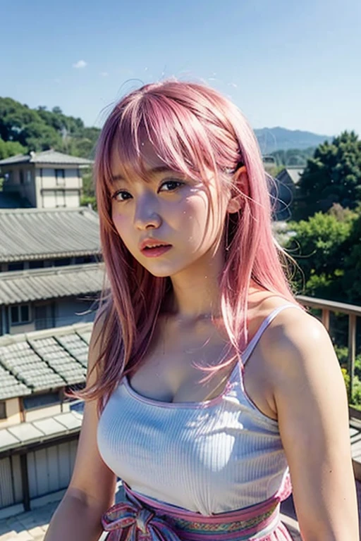 beautiful korean model with pink hair using black tank top with denim jacket, detail face, she have a very bright eyes, realistic face, detail face, realistic skin, skin pore, vibrant, dramatic lighting, 8k resolution picture, high detail on the photo, very realistic picture, dramatic lighting, fullbody, depth, shadow, dramatic shadow, high quality, masterpiece, one of a kind photo, sharp photo, sharpness on the detail, looking at viewer, view from front, , (((Best Quality, 8K, masutepiece: 1.3)), long hair , ultra high res. photorealistic:.1.4, UHD, street background, full body, standing straight to the camera view