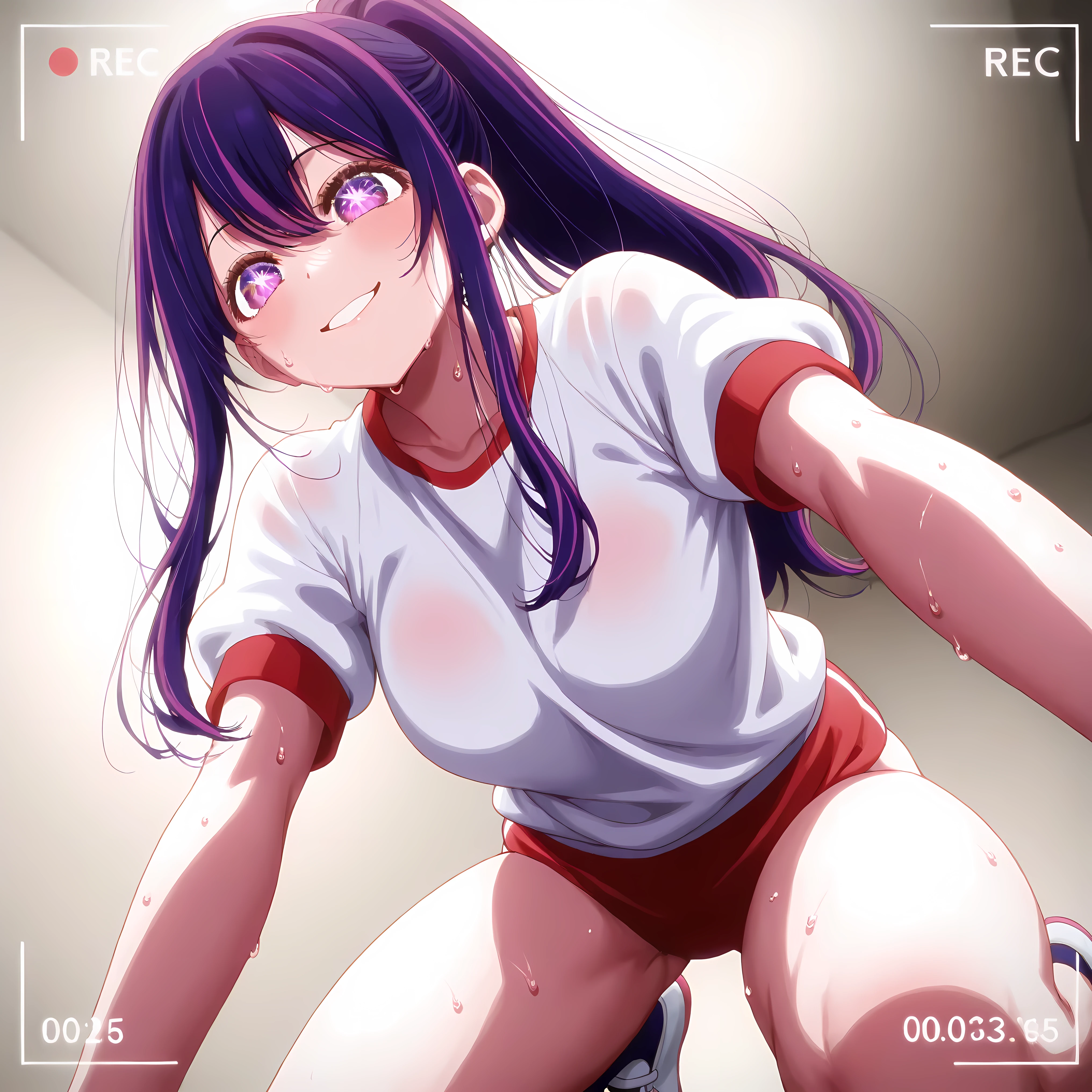 masterpiece、ighly detailed、1 girl、busty、purple color hair、ponytail hair、habit 、recording、clothes 、track 、sweat 、8K、hoshino ai、red buruma, kneeling, low angle, perfect smile,