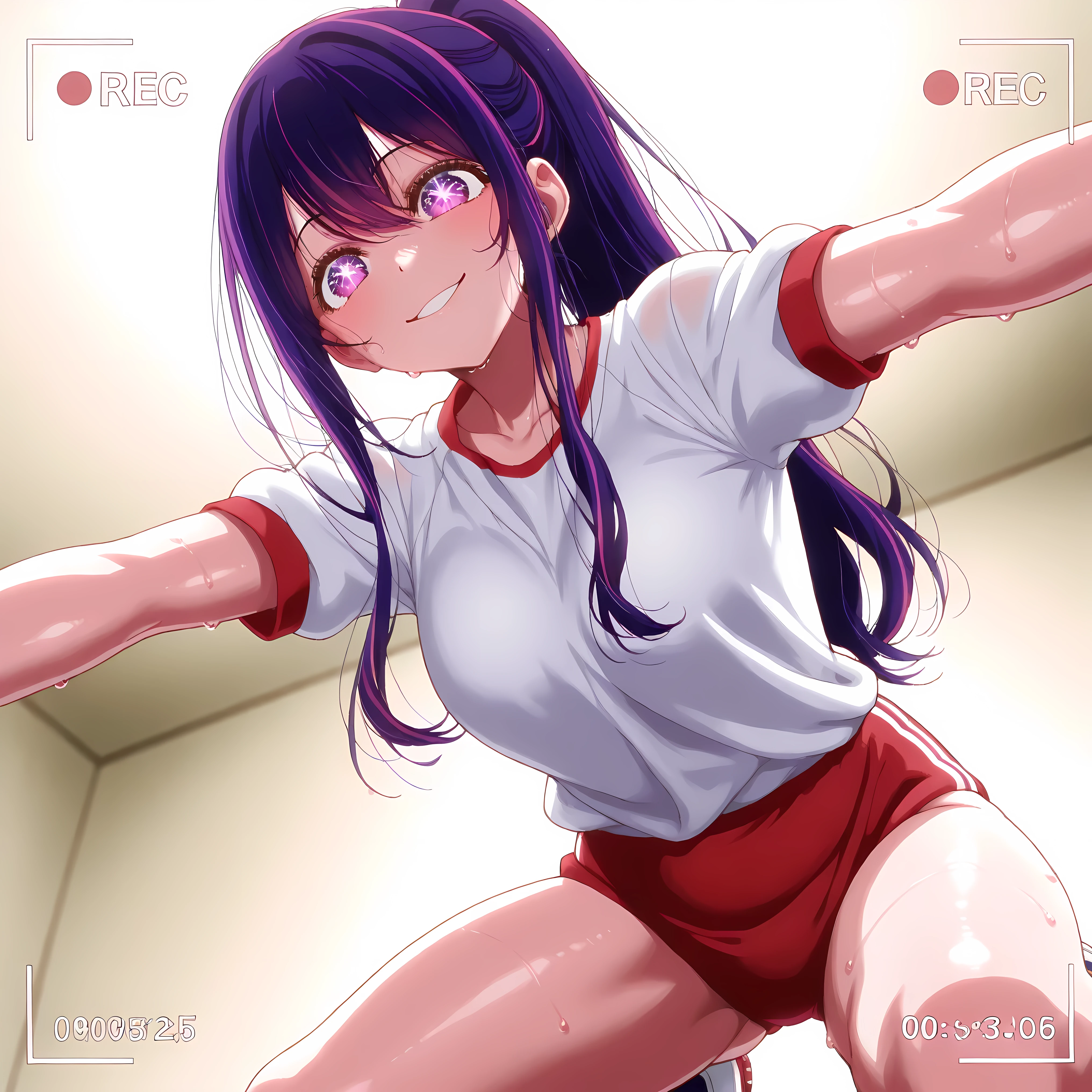 masterpiece、ighly detailed、1 girl、busty、purple color hair、ponytail hair、habit 、recording、clothes 、track 、sweat 、8K、hoshino ai、red buruma, kneeling, low angle, perfect smile,