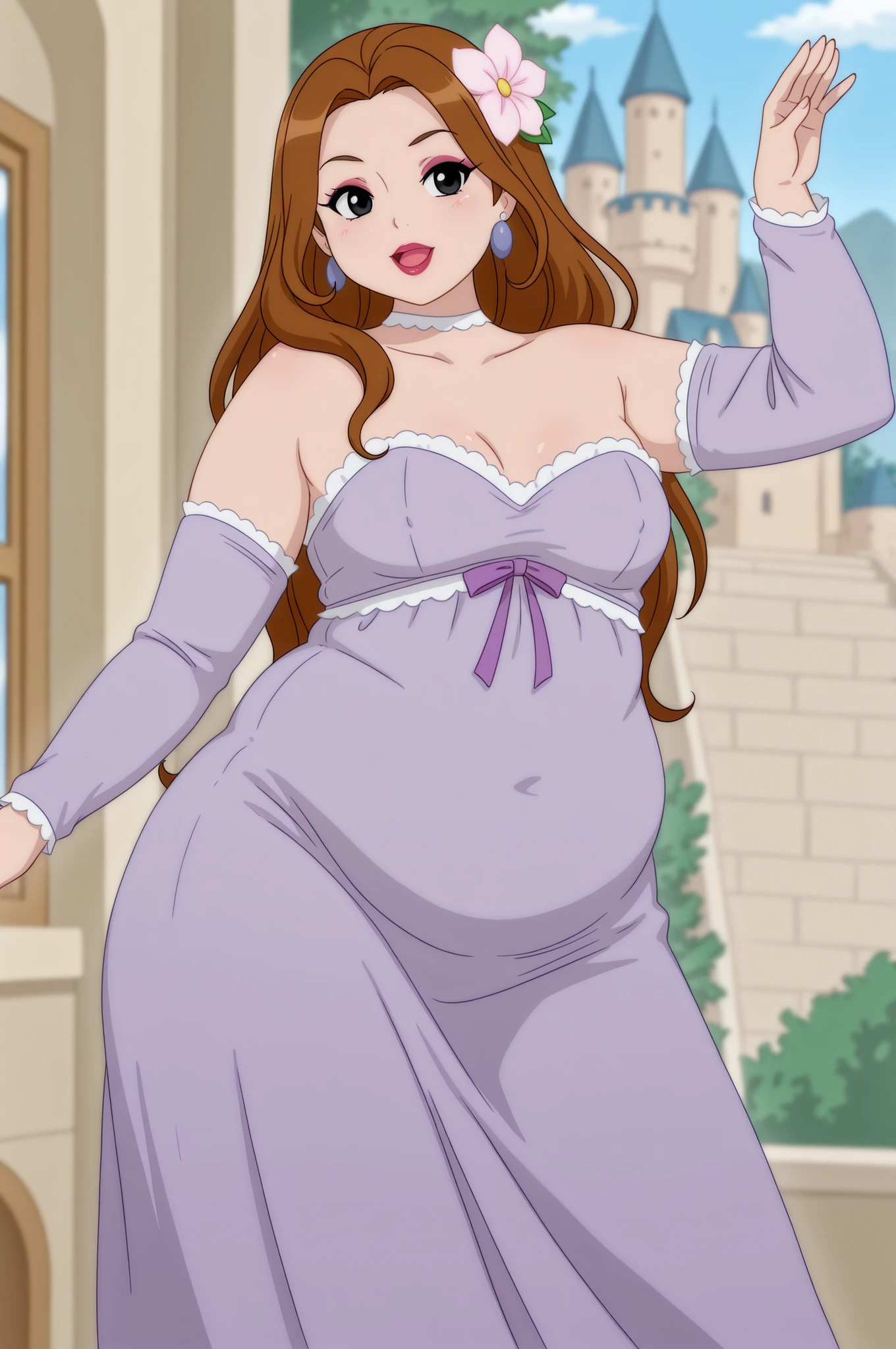 Debra, small . Pale red lipstick, brown hair, black eyes, pale red makeup, long hair, thick , chubby, overweight, chubby, fat, mature woman..| masterpiece, best quality, Kurumi nui, onegai my melody, 1girl, solo, choker, dress, earrings, jewelry, hair flower, detached sleeves, ribbon, shoulders, strapless, castle, dancing, happy, tail, detailed background, long skirt, sweater