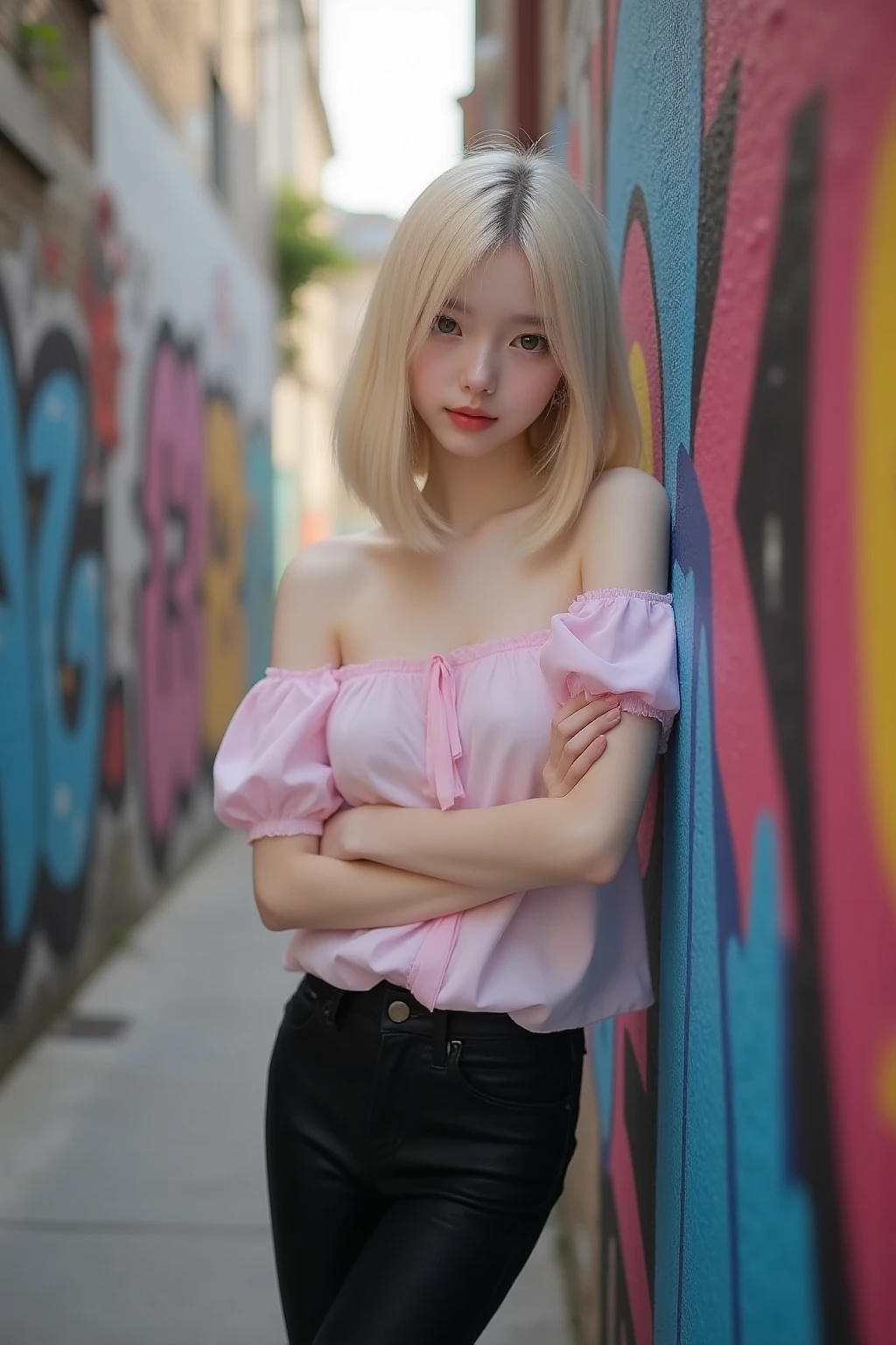 Sunburn marks on tanned skin、blush、Blonde short ribbon hair,A cute 17-year-old girl with a cute look, A strong wind blows my hair in front of my face、Beautiful big sparkling eyes, Cute eyes hidden by long bangs、Yawn、No visible nasolabial folds、A short, light-colored 、A summer shirt with cute colorful patterns、Korean Beauty、Cheeks