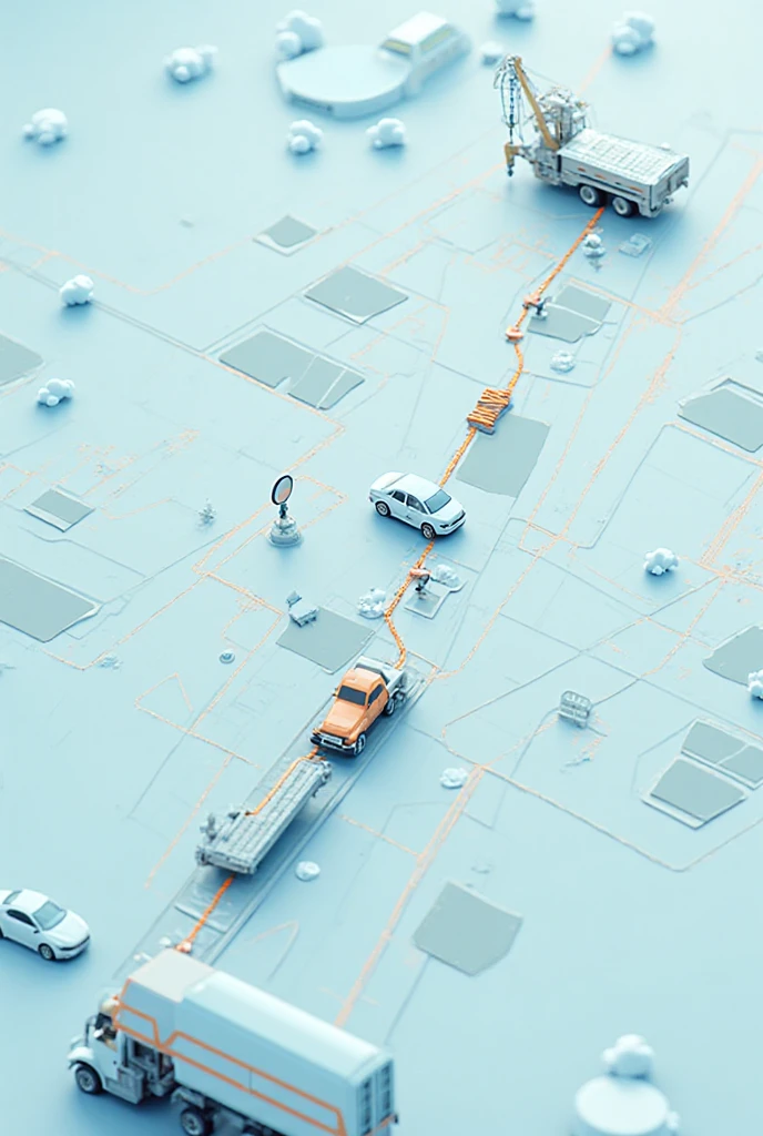 A stylized map with a magnifying glass icon following the route of a vehicle. At the end of the trail, a safe crane or trailer carrying a car, all with a discreet but efficient environment.