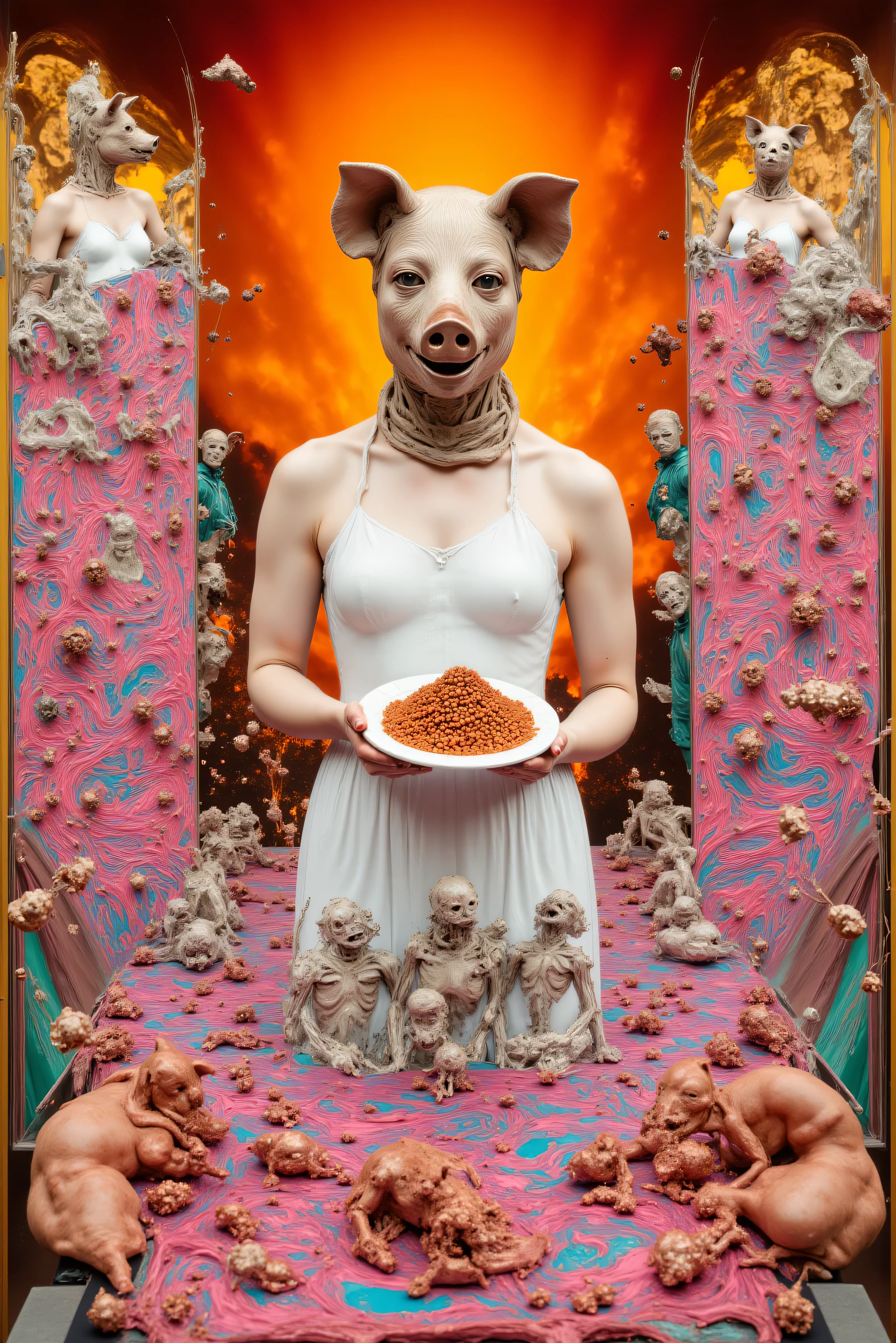 A surreal and vividly colorful collage blends elements of horror and fantasy. The central figure, a person in a white dress, wears a realistic pig mask, holding a plate piled with what appears to be baked beans. The background features fiery orange hues, suggesting a hellish or intense setting. Surrounding them, various panels repeat or depict similar pig-masked people amidst a hallucinatory array of swirling, psychedelic patterns of bright pink, blue, and green.
The imagery also includes realistic figures of pigs, some appearing animated and lively, while another scenario shows a nude woman alongside grotesque, skeletal creatures, adding a layer of unsettling fantasy. Raw meat and carcasses hang in certain sections, enhancing the disturbing atmosphere. Overall, the composition is jarring and vibrant, combining elements of the bizarre and the macabre with an intense use of color and symbolic imagery.