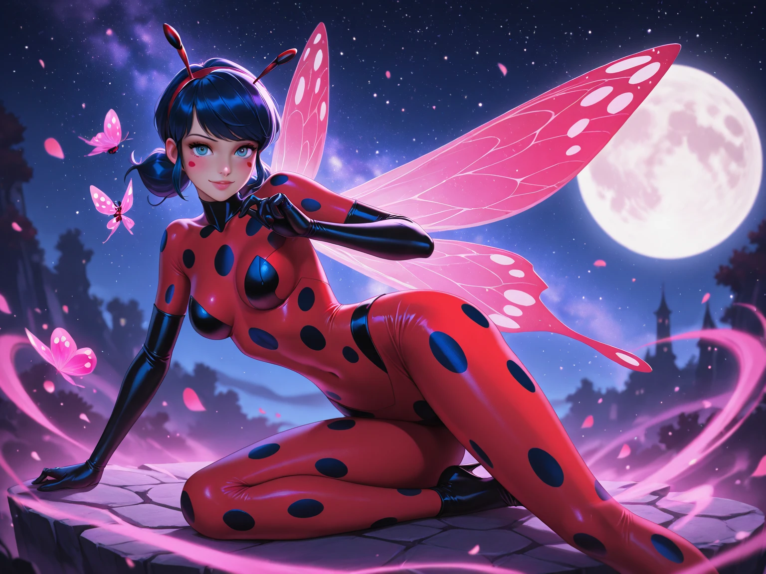 score_9,score_8_up,score_7_up, snow white, 1girl, petite, black hair, short hair, butterfly wings, glossy skirt, glossy top, void forest, sitting on rock, crossed legs, red water, magical, golden tiara, blood moon, void