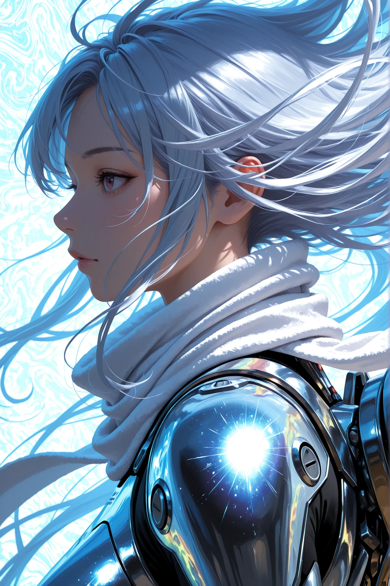 hires close up, 1 girl, solo, anime surrealistic futuristic lady with huge radiant silver metal mech wings on her back,full cover body suit wrapped in radiant bright white exosuit with long flowing scarf from head to chest,upper body part close up,solid brass body lines,hold a massive mech grand morpho sword,digital fantasy art, left side view, left angle shot, from above,digitally manipulated photo art, art photographic,astral fog background, psychedelic neon colors, ultra detailed, intricate, radiant.