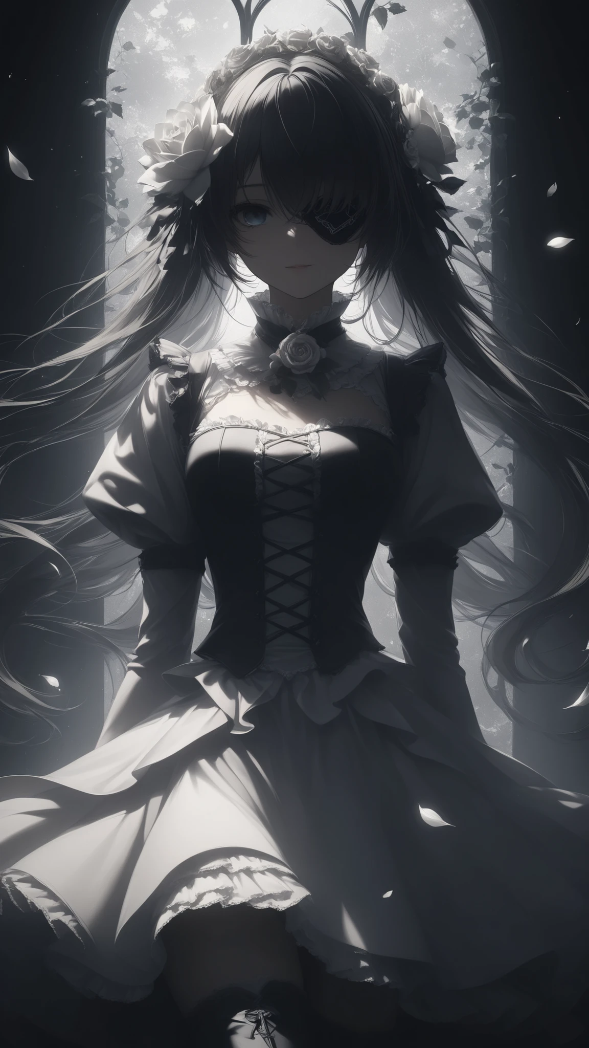 1girl , solo , Rozen Maiden , A girl covers one eye with white flowers, Like an eyepatch , tilts its head , empty eyes with murky noises , Malicious Smile , madness , cute , White Lolita Dress , white thigh high boots, Dynamic Poses , A world covered in cracked glass and ivy , petals dancing in the wind , ( ambient occlusion:0.9 ) , masterpiece , Highest Quality , super detailed , high resolution , Nice , Extremely Detailed CG , Unity 8K 壁紙 , super detailed肌 , perfection , detailed and beautiful faces , Beautiful eyes with attention to detail , high resolution , Chiaroscuro , Highly detailed background , Elaborately designed clothing , dramatic lighting , Dramatic Angle , Particles of Light ,