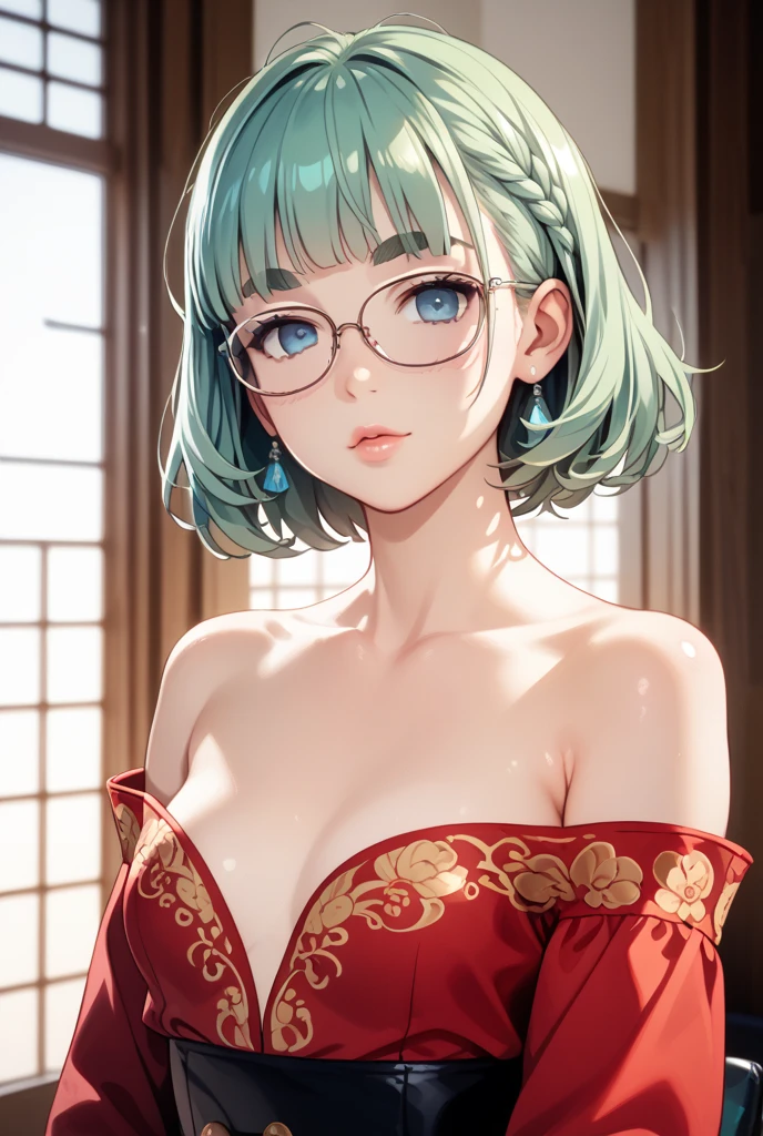 Busty  , highres, masterpiece, perfect lighting, bloom, cinematic lighting, perfect skin, female,  (looking at viewer:1.5),solo, perfect illumination, distinct, (1girl:1.4), perfect face, detailed face,  perfect body, beautiful eyes, pretty face, soft light, (blue eyes:0.7),
 shoulders, black skirt, upper body, 
 slim,
red glasses, hair ornament,  sleeveless shirt, black skirt, red leggings,
purah, cleavage,