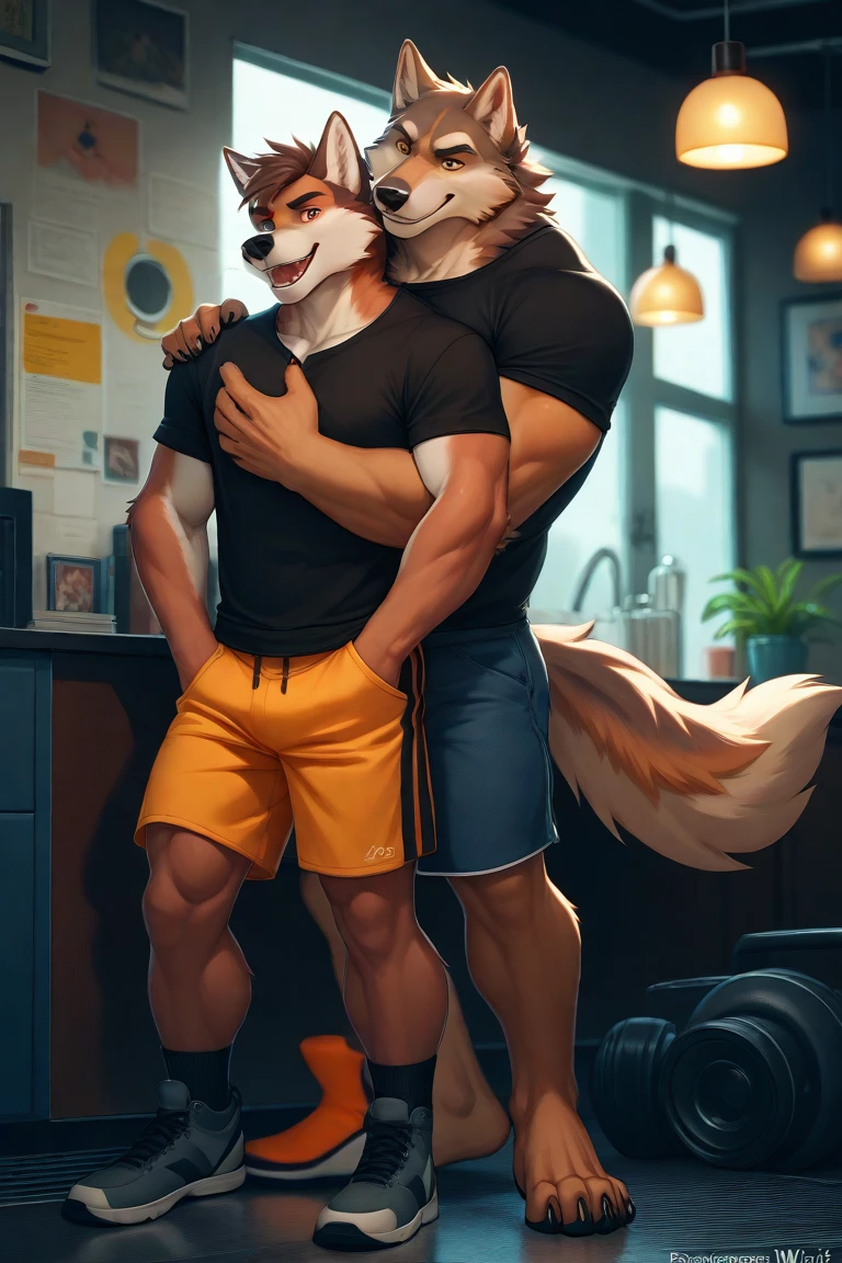 anthro, (husky) , male, ((red fur)), on bed, duo, blue eyes, with male black and white husky, canine , knot, kissing, , black pupils, photorealism ,by zaush, by ruan jia, by jay naylor, by nuzzo, by disney, by pino daeni. (4k), HD, quality, looking , black pupils, photorealism , bedroom setting, night time, (4k), HD, quality