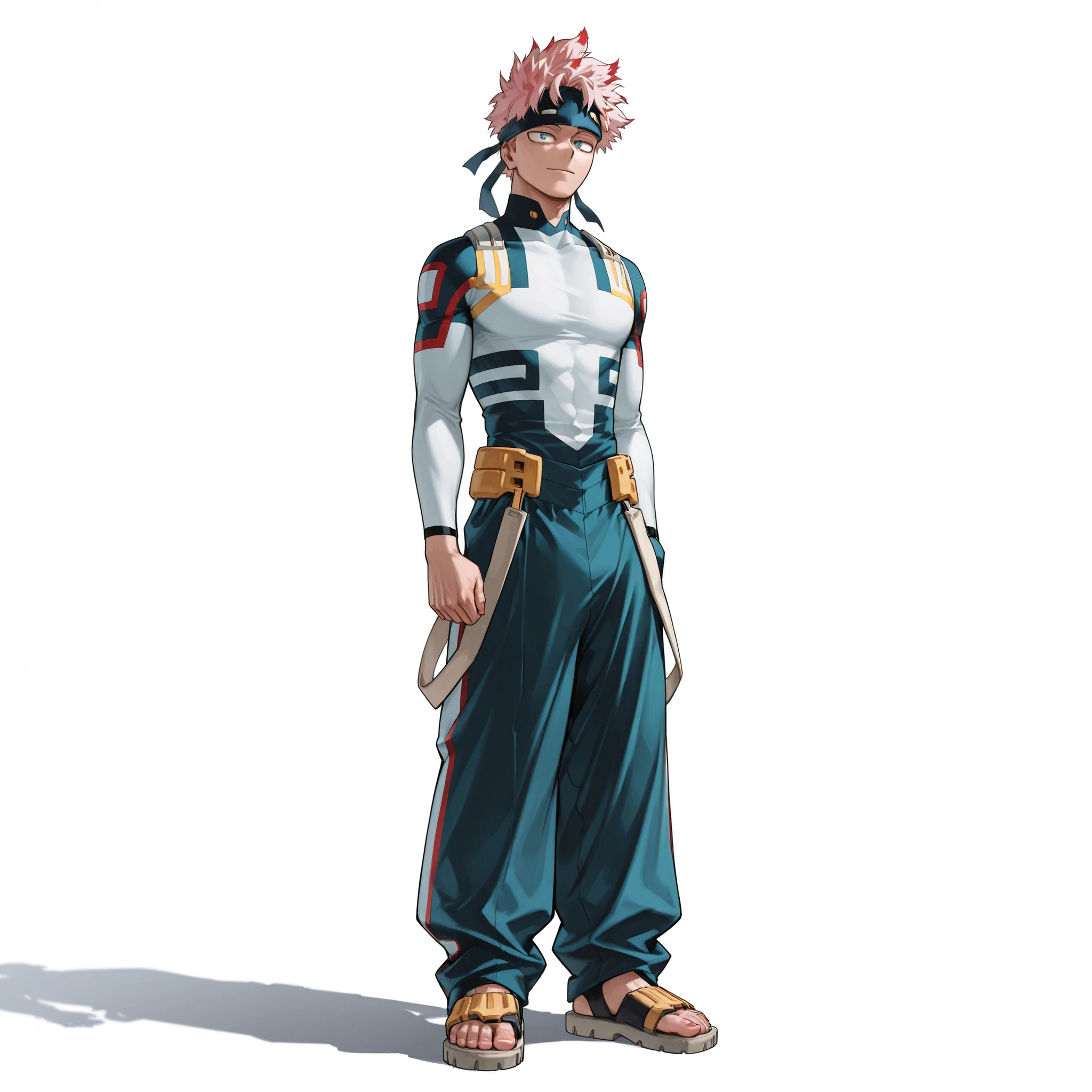 (male), (adult man), (slim body), (light red hair), (short spiky hair), (blue eyes), (headband), (confident face), (solo), (single character), (full body version), (white background), (no background), (highly detailed), (shadow), (standing pose), (natural light), (detailed outfit), (detailed hand), (detailed face), (detailed hair)
Wearing an oversized light blue stylish suit with relaxed fit, white turtleneck undershirt, loose trousers, sandals, and minimal accessories. (Boku no Hero academia style art)
