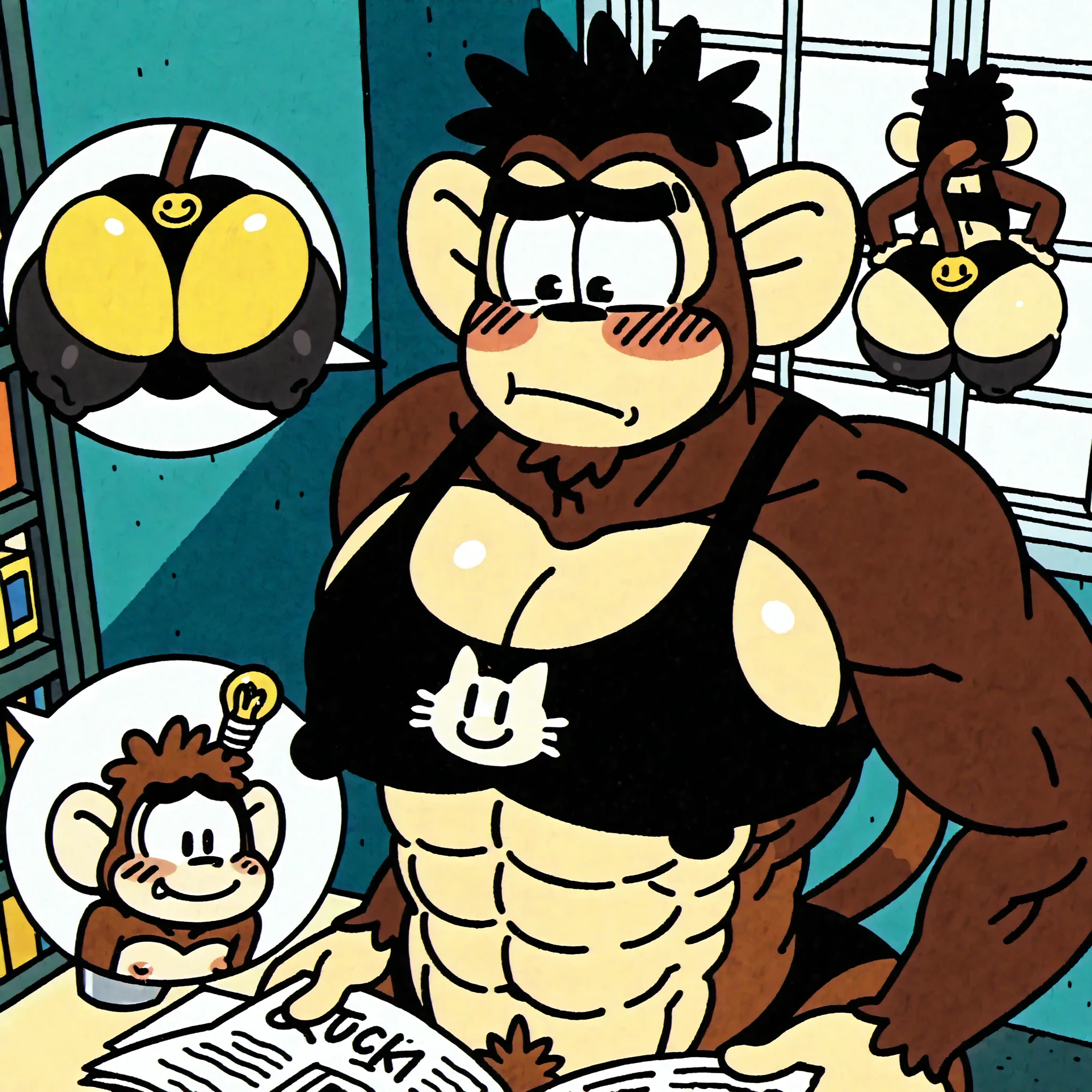 BREAK, An Cartoony-style Aesthetic with a clean, simple color palette. A full shot, cross-section view (rooftop dollhouse view) of an old, two-story house at night showcases (1girl & Male Black-Capped Capuchin monkey), living by their own space. In the first-floor feminine room, An (young Male Black-Capped Capuchin monkey on navy-seifuku-sailor), in youthful outfit highlights is creating a large graffiti piece on the wall using a spray can. The wall is completely covered in slogans and drawings. The sofa is deliberately placed back-to-back with the wall, reflecting a "no dialogue" rule. The room is lit by a red, bare light bulb. In the adjacent kitchen, An butt-length black-headed(shaved , thin , hairy),unibrow girl in a overhang-loose black-top in cute (cat-print-underwear), is ignoring the handwritten rule on the fridge ("Take freely") and eating bananas directly from a smiley face doodle paper carton. Upstairs in her individual room, She is intensely focused on reading a thick philosophy book. Her window is crudely covered with newspaper clippings. The lighting varies drastically by room, creating strong contrasts between the interior chaos and the dark night outside. The focus is on the extreme lack of societal order and the specific, visual manifestation of each girl's defiance.

(super gluteus pillows, upper body from above:1.0, perfect thighs from below), (super squished butts1.4), (abs, big chest, heavy puffy long nipples), (huge buttocks, from behind), blushing, human femalebody, furry malebody, cartoony face, (cute underwear), skin dentation, slim male, slim female, collarbone, (hip-dips, lower body:1.3), "(hair follicles facial hair on male's face)"concept art , (big chest, heavy puffy long nipples), thights:1.2, (from behind), (yellow exotic skin_complexion:1 . 4) , (chibi-Boy Black-Capped Capuchin monkey, chibi-female, cute-art),