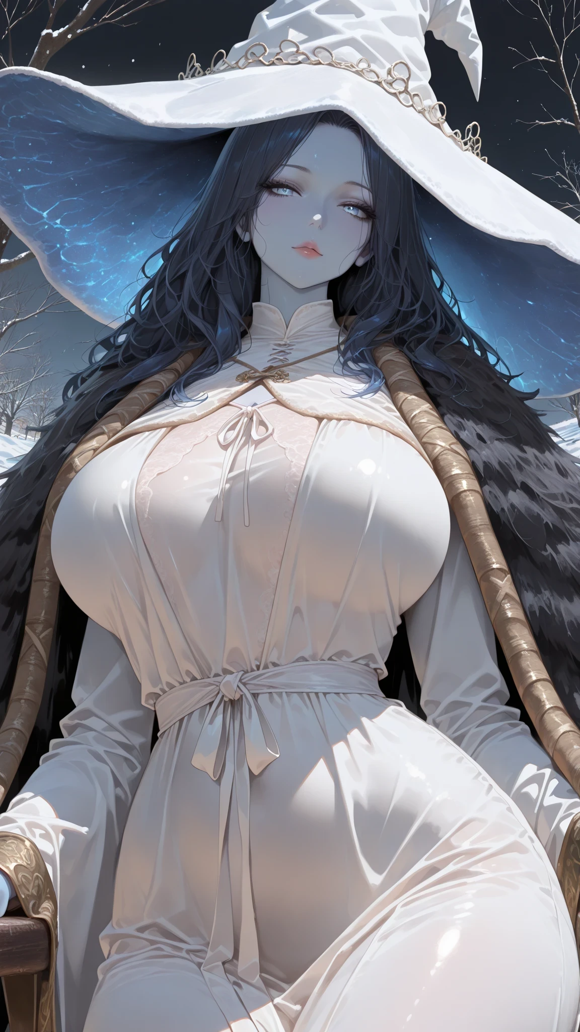1girl, solo, beautiful girl, UHD, masterpiece, (anatomically correct), super detail, high details, high quality, best quality, HD, 8k
Ranni_\(Elden Ring\), (dark blue hair), long hair, parted bangs, hair strand, blue eyes, big beautiful eyes, long eyelashes, Witch Hat, big white hat, blue skin, (multiple arms:1.3), (four arms:1.3), white dress, long sleeves, flowing sleeves, fur cloak, Black cloak, big breasts, huge hips, curvy, cowboy shot, look at viewer, milf, mature female, motherly, snowy, night