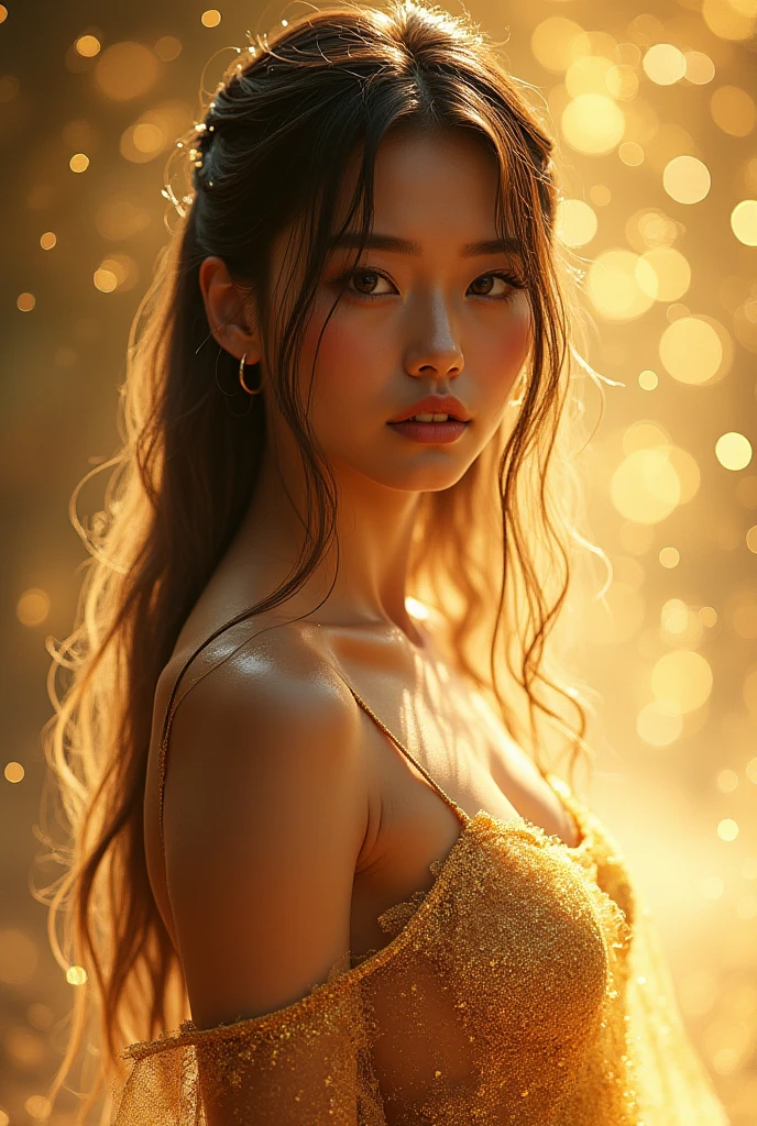 a digital painting of a beautiful attractive woman covered in liquid glowing gel that wraps around the body. a hyperrealistic painting, figurative art, in glowing honey paint, glowing honey liquid, character is covered in liquid, fantasy art ,elegance pose, beautiful breasts, chest press together, medium long shot, lighting clear and soft effect ,black background