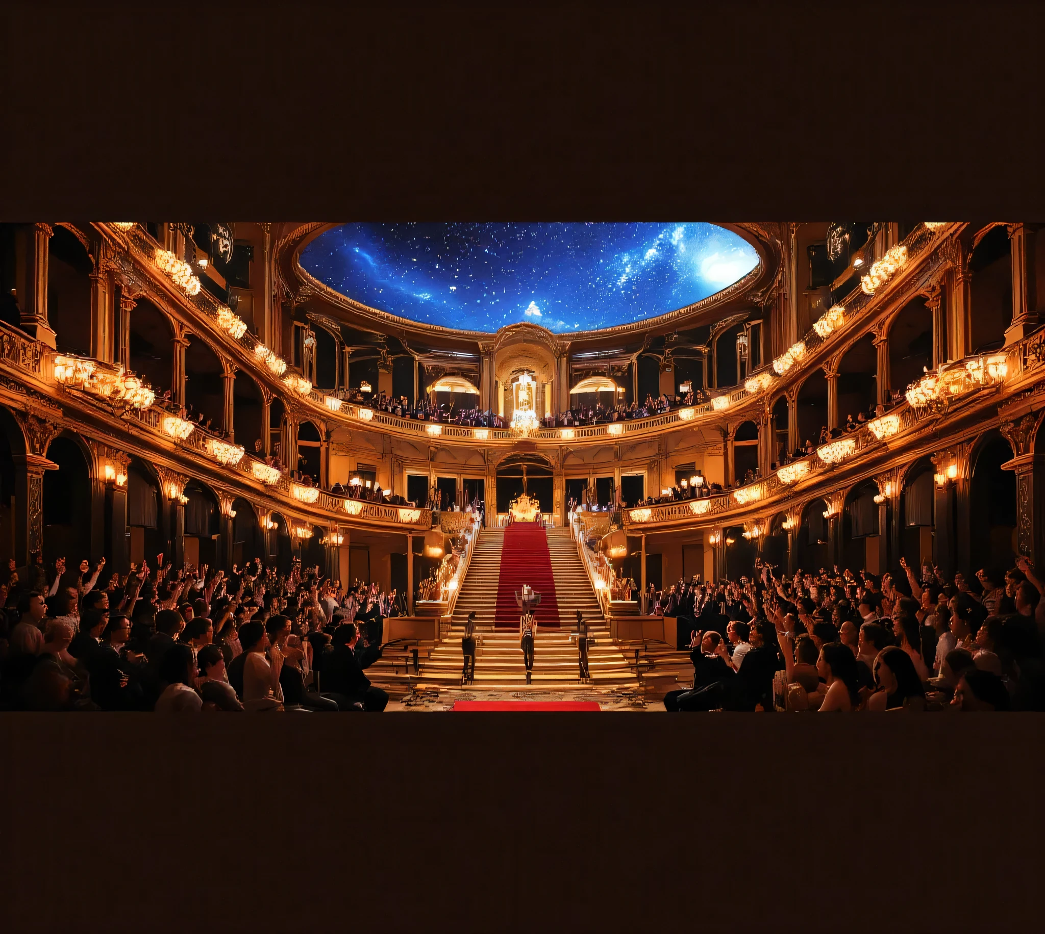 (((masterpiece:1.5、Highest Quality、high resolution:1.3、super resolution、Super Detailed、Super Detailed:1.3))) cinematic, symmetric, grand, golden, opera, theater, majestic, baroque, architecture, ornate, details, luxurious, interior, huge, red, carpet, staircase, curved, stairs, crystal, chandeliers, glowing, lights, reflections, energetic, cheering, crowd, clapping, raising, hands, joyful, celebration, excitement, people, in, formal, clothes, audience, facing, the, stage, waving, glowing, atmosphere, award, ceremony, epic, applause, dynamic, motion, blur, confetti, shining, particles, cosmic, galaxy, sky, starlit, ceiling, shooting, star, deep, blue, and, gold, color, palette, dramatic, lighting, volumetric, light, ultra, realistic, high, detail, high, resolution, fantasy, epic, scene, dreamlike, grand, hall, shimmering, gold, surfaces, film, style, wide, angle, perspective, 4k, sharp, focus