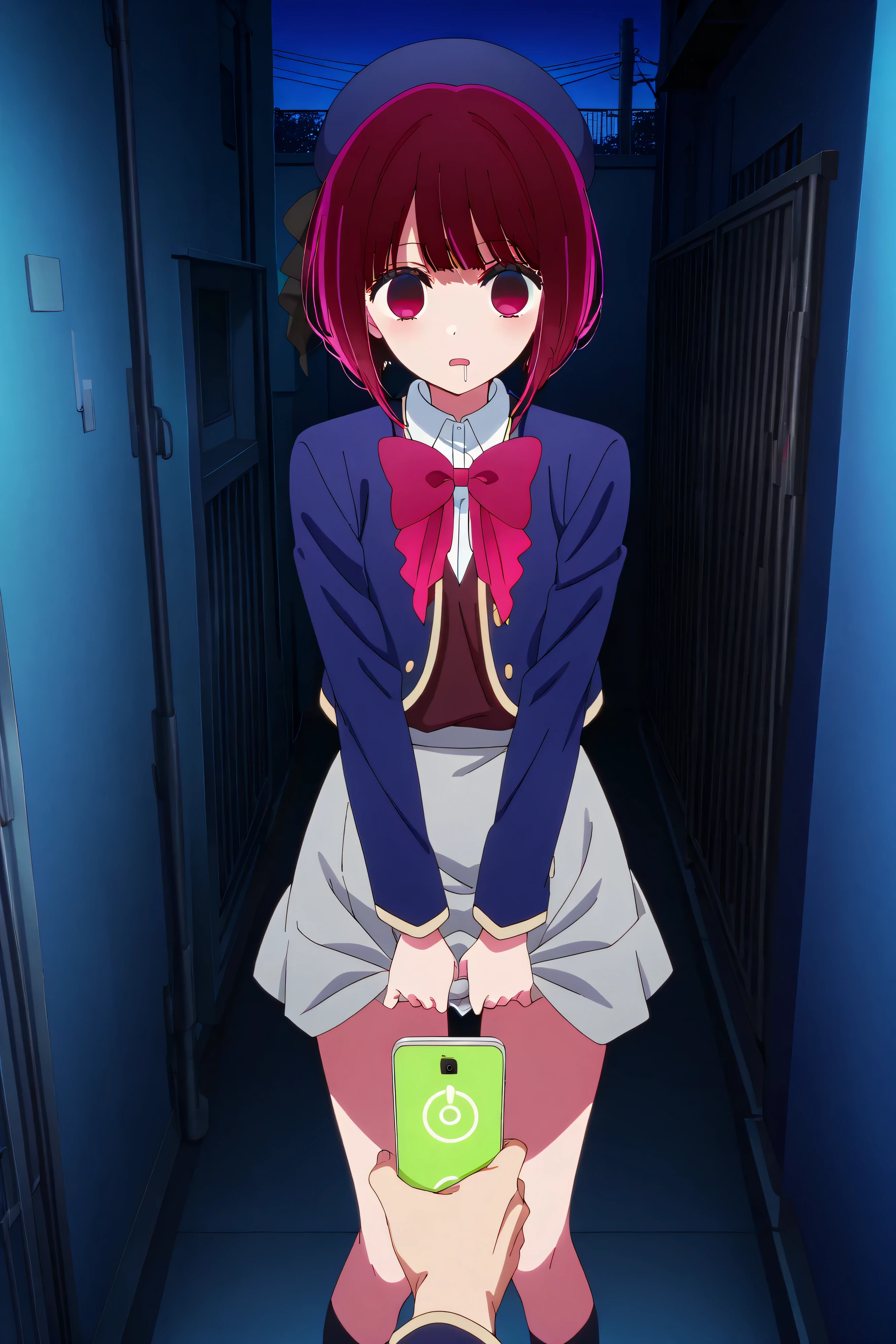 kana arima, short hair, bangs, red eyes, red hair, bob cut,,skirt, long sleeves, hat, bow, school uniform, jacket, pink bow, grey skirt, blue headwear,,

solo,

 holding_phone,Hypnosis_app,1girl, school_uniform(( score_9, score_8_up, score_7_up, score_6_up, score_5_up, score_4_up, BREAK source_anime,standing, clothes_lift, two-handed,empty eyes,Expressionless,((night,back alley)), ((empty eyes)),Eyes wide open,lot drooling, empty eyes, saliva, eye_contact, male_masturbation skirt_lift,full_body, pov, straight-on , pupils,dot pupils, panty peek
