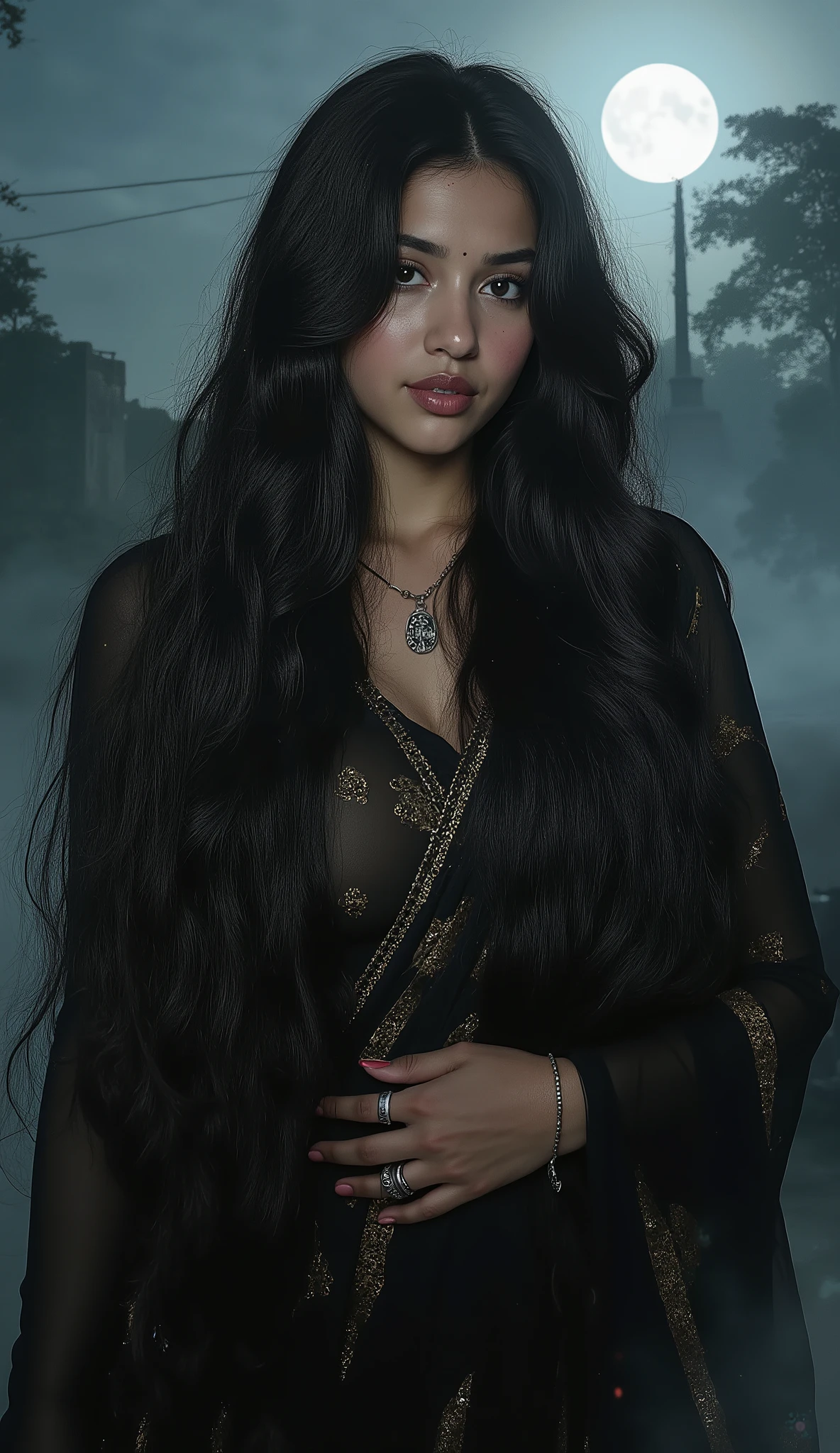 Score_9, Score_8_up, Score_7_up, Score_6_up, Score_5_up, Score_4_up, Source_fantasy, Tag1_dark_fantasy, Tag2_witch,
A hauntingly beautiful and youthful depiction of a daayan — an enigmatic dark enchantress aged around 20, exuding a chilling yet irresistible allure. Her porcelain skin glows faintly under the pale moonlight, with an ethereal silver hue that contrasts her long, flowing jet-black hair — wild yet graceful, streaked with faint crimson glimmers. Her eyes are deep, hypnotic pools of smoky amber and shadow, reflecting forbidden wisdom and ancient sorrow. A faint smirk curls upon her lips, both inviting and unsettling, as if she knows untold secrets of the night. She wears a tattered yet elegant black saree infused with faint mystical patterns that shimmer like dark fire. Around her neck gleams an obsidian pendant pulsating with dark energy. Her fingers are long and delicate, adorned with silver rings etched in ancient runes. Dark mist coils around her form, with raven feathers drifting in the air and faint sparks of crimson magic radiating from her hands. The background glows with an eerie, moonlit forest and a silhouette of ancient ruins. Her presence is both terrifying and captivating — a perfect embodiment of beauty wrapped in mystery, power, and darkness. Highly detailed digital art in dark fantasy realism style.