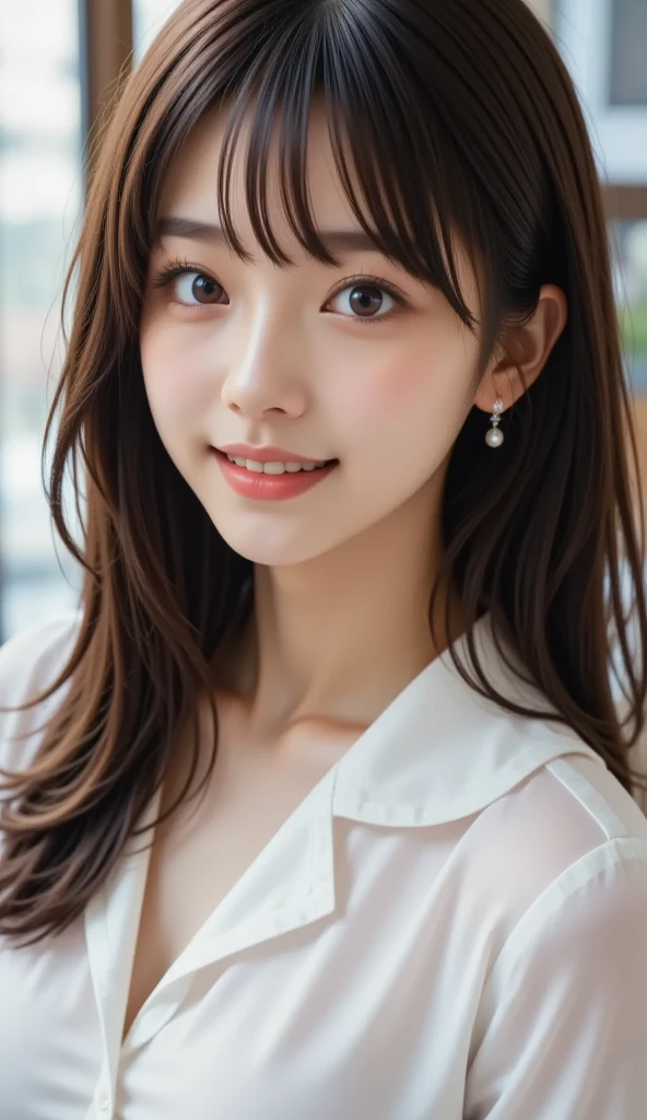 (top-quality、8K、32k、masuter piece、nffsw:1.2)、profile、(slim figure:1.2)、(s lips) 、double eyelid、shinny skin、Realistic rays、pool、beauitful face、(Smile:1.3)、White teeth、(a closeup:1.4)、blurry backround、(Front Focus)、(dark: 1.6)、Fantasy Art、photoRealstic、Professional Lighting、extra detailed face、Award-winning、deep-shadows、Sensual and woman with curvaceous body, Open collar blouse、 Widest waist, Beautifully fitted , accentuated , High-definition gray eyes with long eyelashes, Sensual smile, thick thighs,