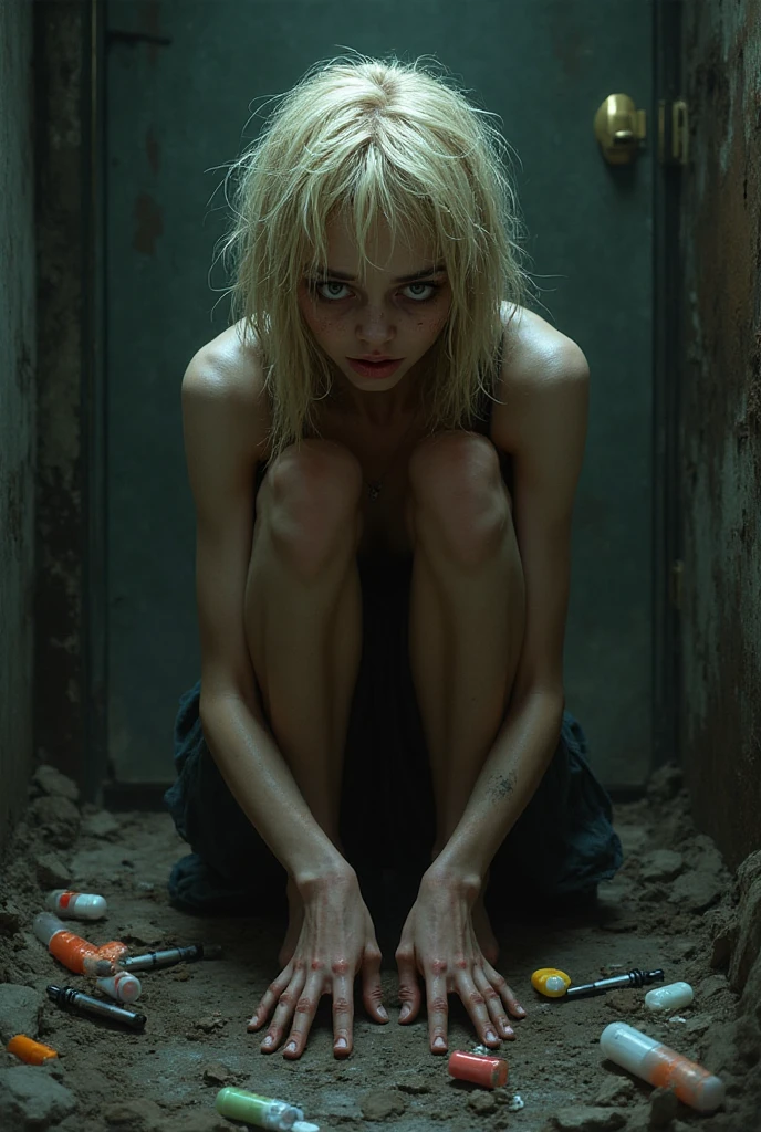 ultra high quality // masterpiece // super detailed // 2d fantasy art // illustration // style of Lucio Parrillo // by Lucio Parrillo // fantasy dungeon // dingy // dirty // young woman prisoner // very pale // very skinny // chained to the wall // iron collar around neck // on ankles // incredibly beautiful // large blue eyes // youthful features // short messy hair // platinum blonde hair // extremely fair skin // milky skin // white skin // very thin body // petite body // long legs // slim legs // ((((enormous )))) // ((((very large )))) // (((()))) // (((perfectly round ))) // wearing very rags // torn, tattered rags // ((( covered))) // ((massive )) // bare legs // dirty skin // (((shiny skin))) // ((sweaty skin)) // laying on the floor // // ((looking directly at viewer)) // pleading expression // desperate expression // bright sunlight from above // light shining on girl // dark shadows in corners // (((point of view is from above))) // ((POV looking down at girl)) // whole body // full body