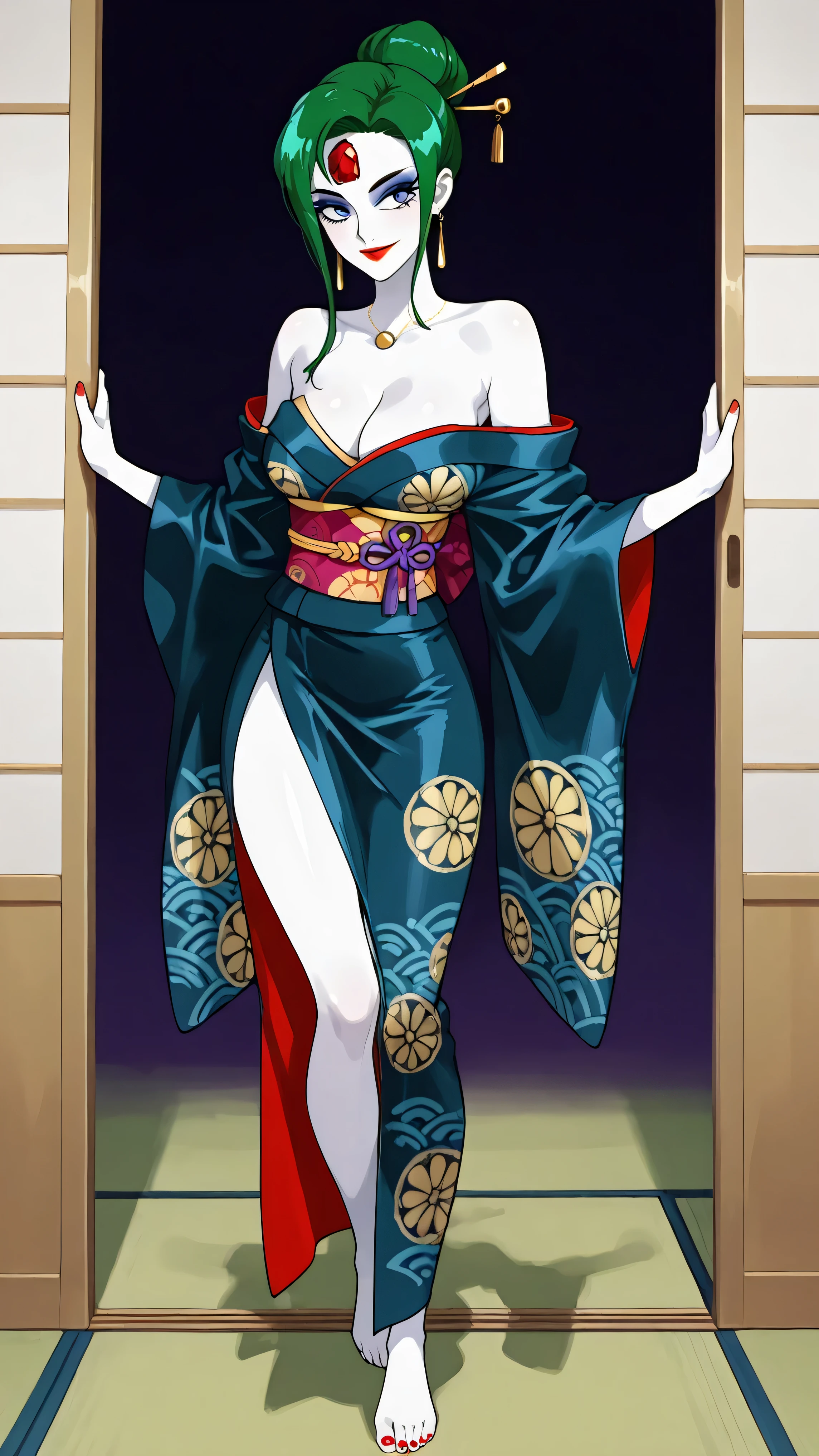 score_9,score_8_up ,score_7_up ,very cute girl:5.0, masterpiece, high image quality, ,perfect face:5.0, Very Cute Face, Retro Anime Style,one girl, , heavy makeup:9.0 , green hair, white skin:5.0 , Red jewel on forehead, Shiny Red Lipstick, big blue eyes, Villain pose , solo, Smiling and Closed Mouth, Turn back , slightly larger breasts, Red Nails, Edo Japanese-style room , Gold Elongated Earrings, Very Mocking Eyes, Villain facial expression, with her mouth closed, very cruel mockery, flashy hairpin, Very fancy patterned kimono, Gold Round Pendant, Full Body, thin thighs, Barefoot, Shoulders, Bad face, Looking Back, dark blue kimono, cleavage, Removable wide sleeve with glitter