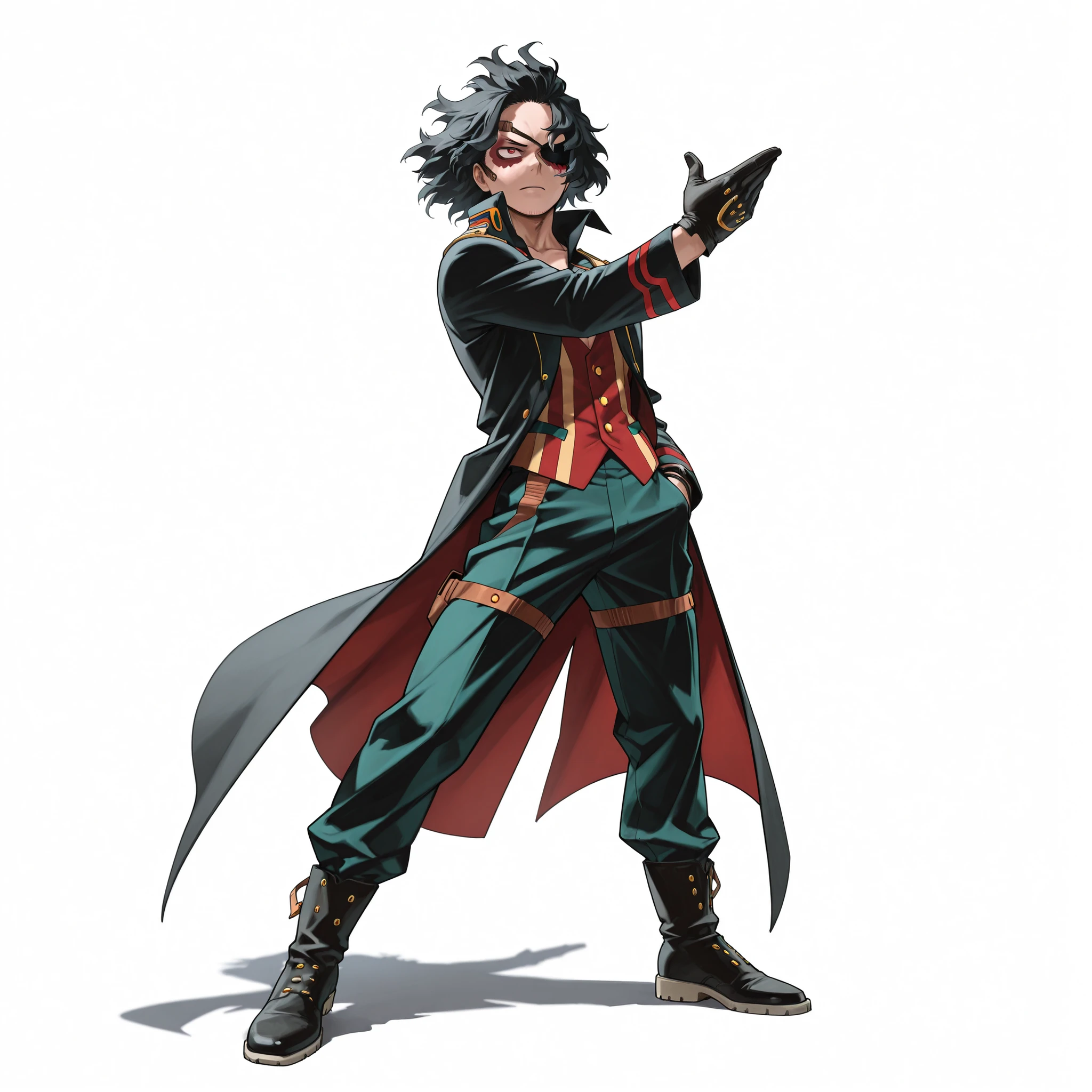 (male), (adult man), (tall body), (slim body), (medium wavy black hair), (red eyes), (eye patch on left eye), (serious expression), (solo), (single character), (full body version), (white background), (no background), (highly detailed), (shadow), (standing pose), (natural light), (detailed outfit), (detailed hand), (detailed face), (detailed hair)
Wearing an orange striped suit with matching vest and pants, black long coat with red inner lining and gold trim, black gloves, and black boots with brown straps and metal details. (Boku no Hero academia style art)