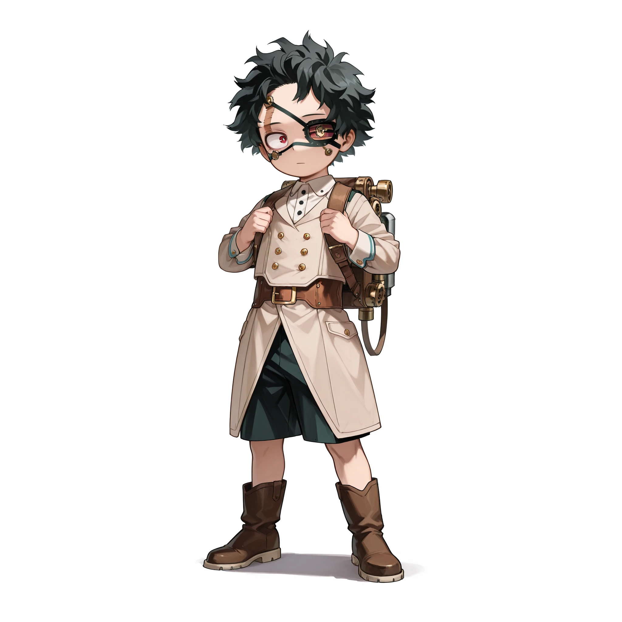 (male), (child boy), (short wavy black hair, no bangs hair, no ponny hair), (red eyes), (eye patch on left eye), (innocent expression), (solo), (single character), (full body version), (white background), (no background), (highly detailed), (shadow), (standing pose), (natural light), (detailed outfit), (detailed hand), (detailed face), (detailed hair)
Wearing a stylish child outfit inspired by steampunk aristocrat style, brown short coat with brass buttons, cream vest, dark shorts, brown boots with belts, and a small mechanical backpack with tiny gears attached. (Boku no Hero academia style art)
