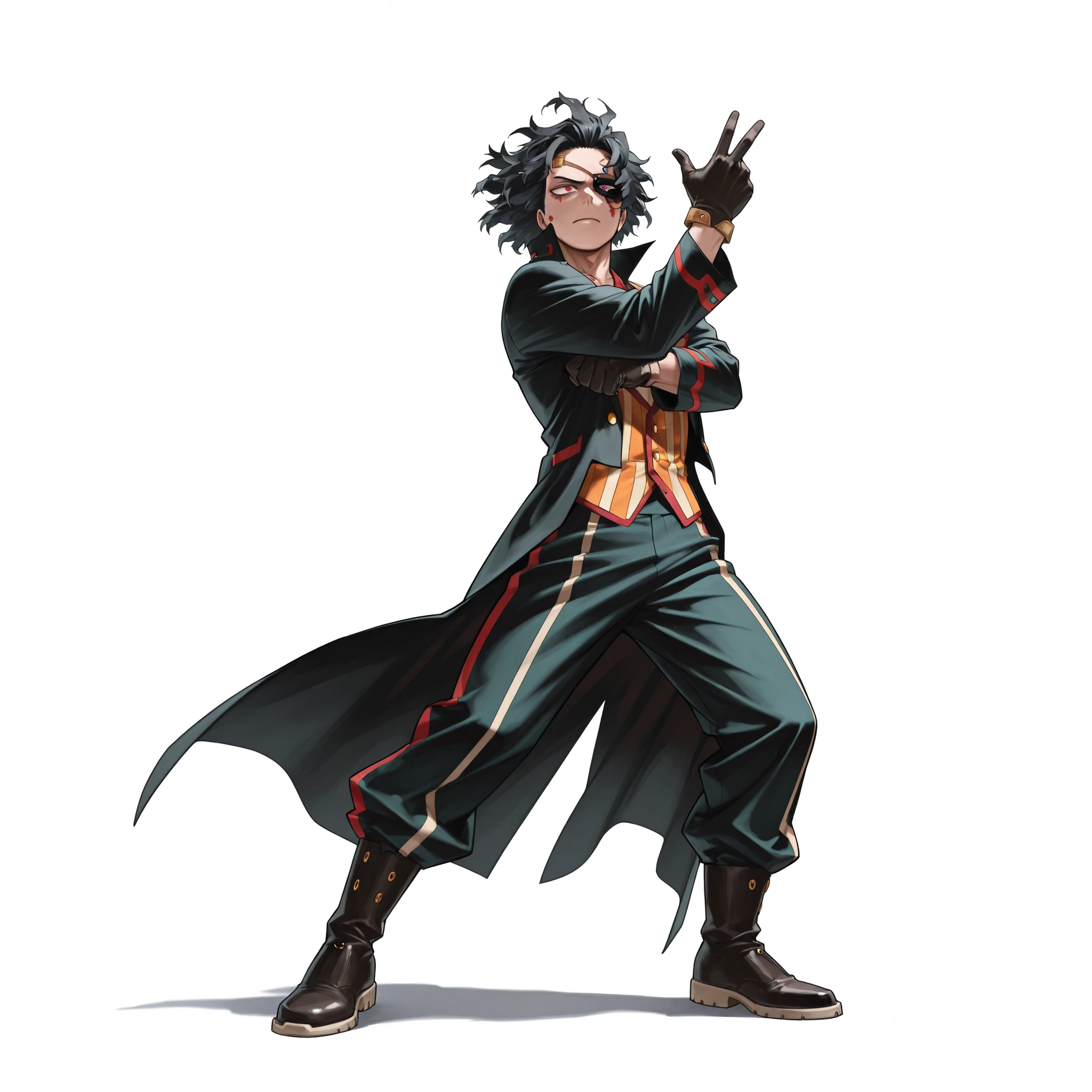 (male), (adult man), (tall body), (slim body), (medium wavy black hair), (red eyes), (eye patch on left eye), (serious expression), (solo), (single character), (full body version), (white background), (no background), (highly detailed), (shadow), (standing pose), (natural light), (detailed outfit), (detailed hand), (detailed face), (detailed hair)
Wearing an orange striped suit with matching vest and pants, black long coat with red inner lining and gold trim, black gloves, and black boots with brown straps and metal details. (Boku no Hero academia style art)
