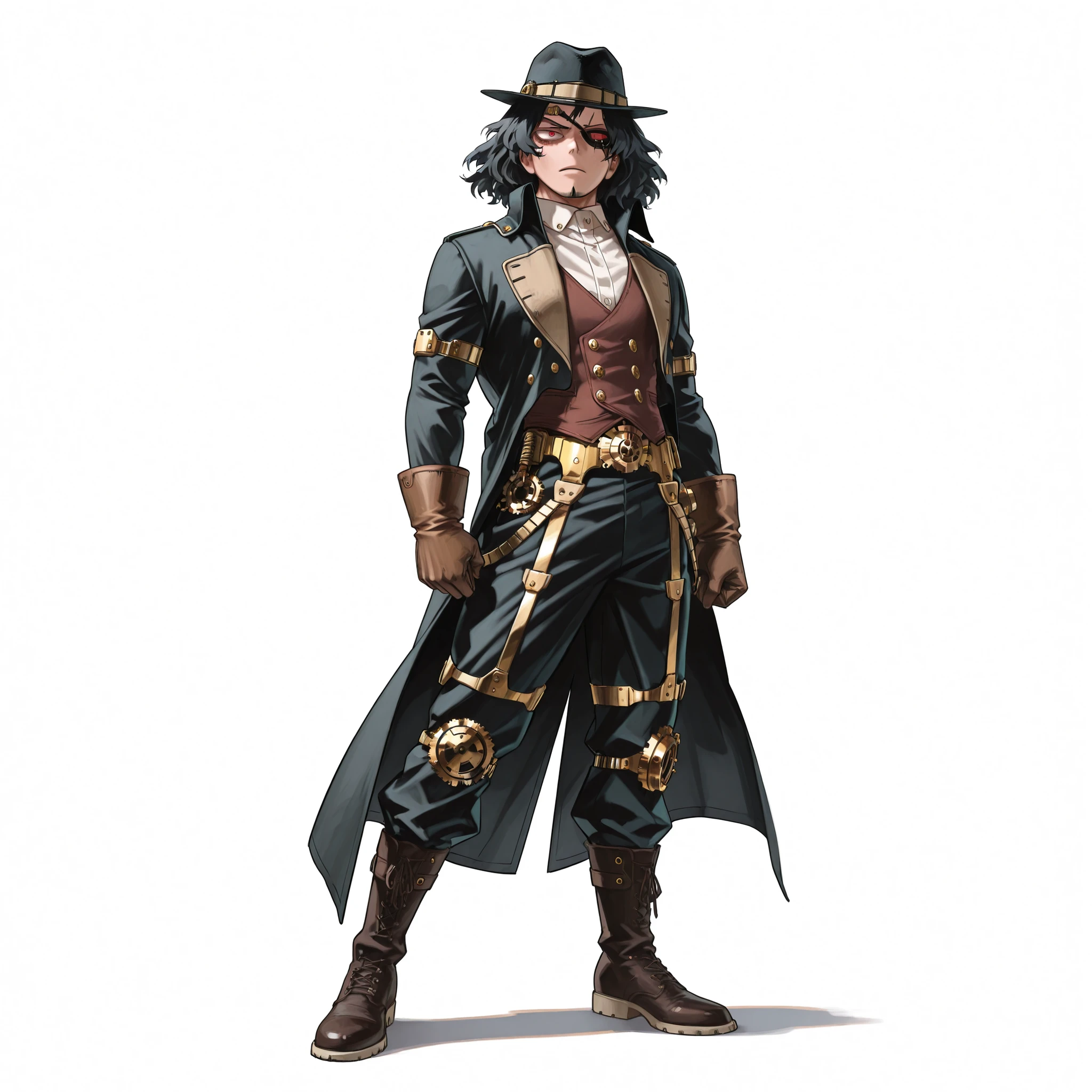 (male), (middle aged man, goatee), (tall body), (slim body), (medium wavy black hair), (red eyes), (eye patch on left eye), (serious expression), (solo), (single character), (full body version), (white background), (no background), (highly detailed), (shadow), (standing pose), (natural light), (detailed outfit), (detailed hand), (detailed face), (detailed hair)
Wearing an aristocratic steampunk suit with a brown and gold vest, high-collared shirt, long black coat with gold embellishments, matching trousers, leather gloves, ornate belt with steampunk gears, tall black boots with metallic straps, and a top fedora hat. (Boku no Hero academia style art)