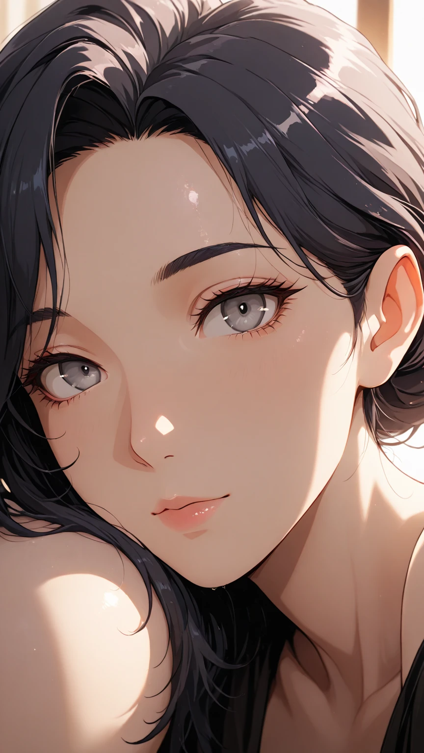 obra de arte, high resolution, illustration, Kyoto animation style, Its name is cinematic style, noite, midnoite, luz, (1 female: 1.3), (sozinho: 1.4), long eyelashes, bob curto, nariz corando, futon, deitado, nu, close do rosto, hide with your hands胸部, hide with your hands,