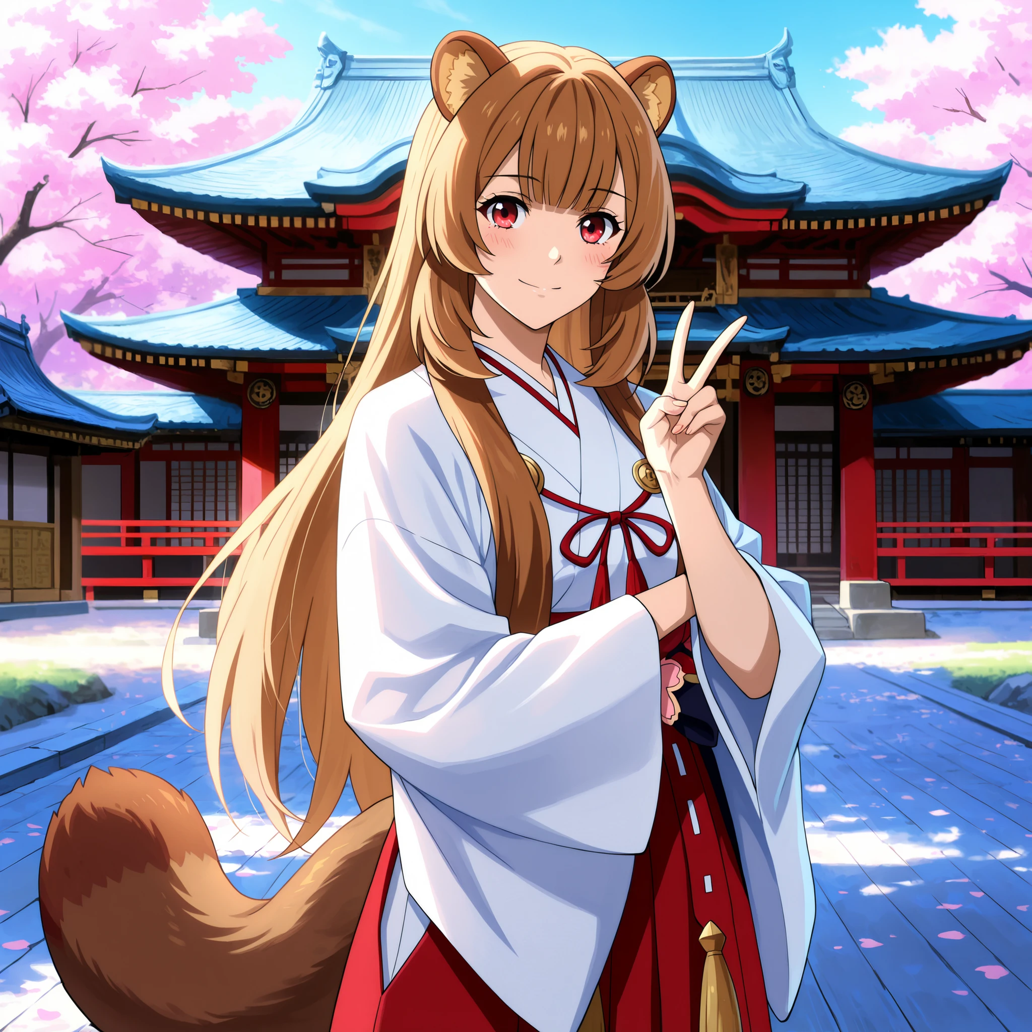 Anime screenshot, ultra-detailed masterpiece, best quality, solo female character, warm smile with blush, flawless detailed skin, straight bangs, extremely long light brown hair flowing in the breeze, red eyes, raccoon ears, and a fluffy raccoon tail.
She wears a white kimono with long wide sleeves, a red ribbon tied at the neck, and a traditional red hakama. Standing on a small hill, posing with a friendly V-sign, greeting the viewer.
Background: breathtaking East Asian temple architecture surrounded by pink cherry blossoms, natural rocks, and a clear mountain horizon under a bright blue sky. Daylight scene, vibrant lighting, cinematic composition, painterly background with depth and atmosphere.