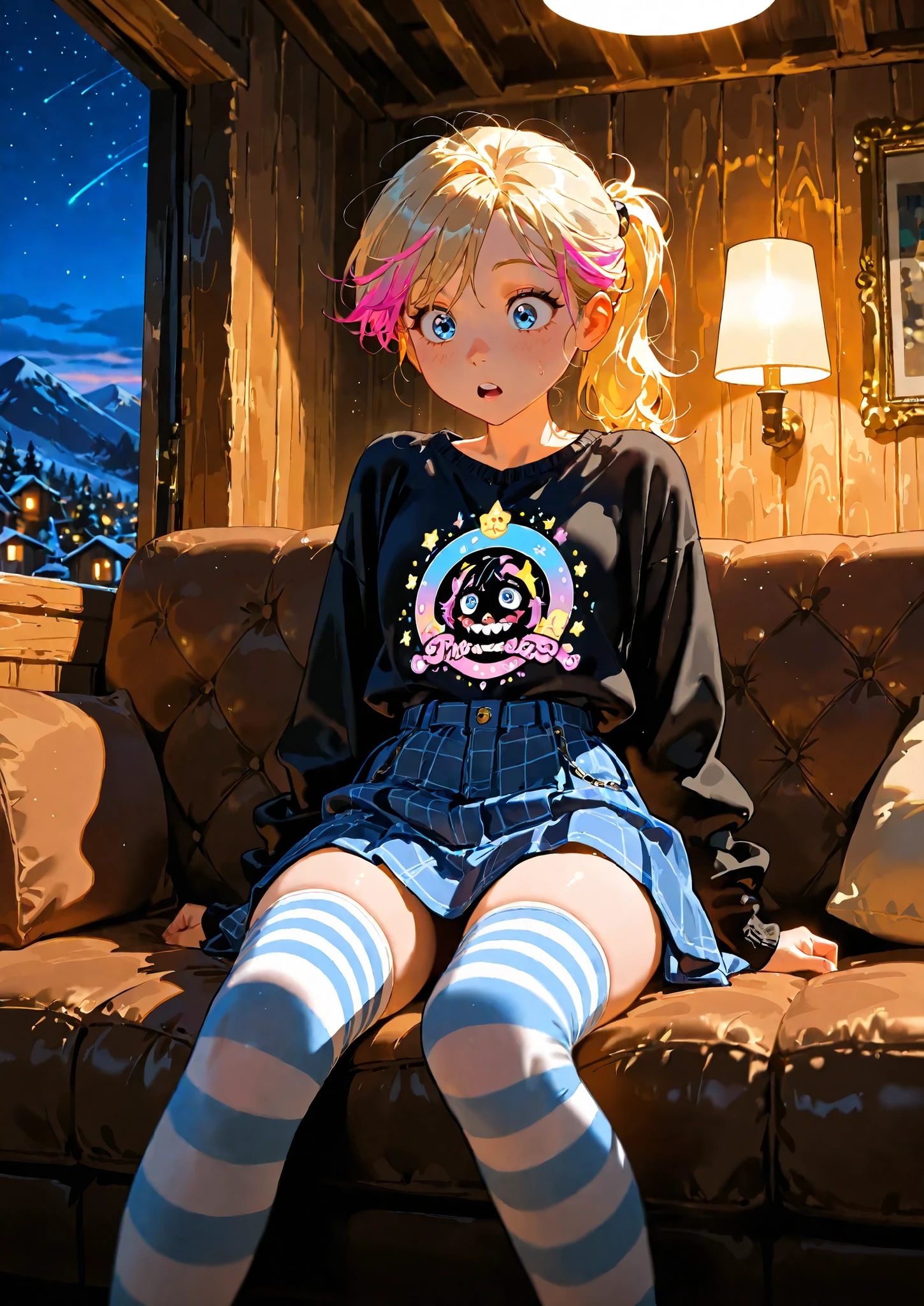1girl, solo, Riley Andersen, Inside Out, surprised, blonde ponytail hair with pink highlights, black top, short skirt, striped thigh highs, sitting on a couch, mountain cabin, night time, alluring atmosphere, cinematic lighting and shadows, BREAK,masterpiece,top quality,warm color,high resolution,high fashion,absurdres extremely,vivid colors,intricate details,best quality,amazing quality,very aesthetic,newest,ultra-detailed, nsfw,