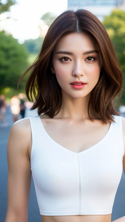 a lady, Photorealsitic, Natural skin, Natural lips, Natural eyebrows, depth of fields, ccurate, Super Detail, Best Quality, hight resolution, Anatomically correct, Textured skin, high details, High quality, tanktop, short skirt, full body, street of country