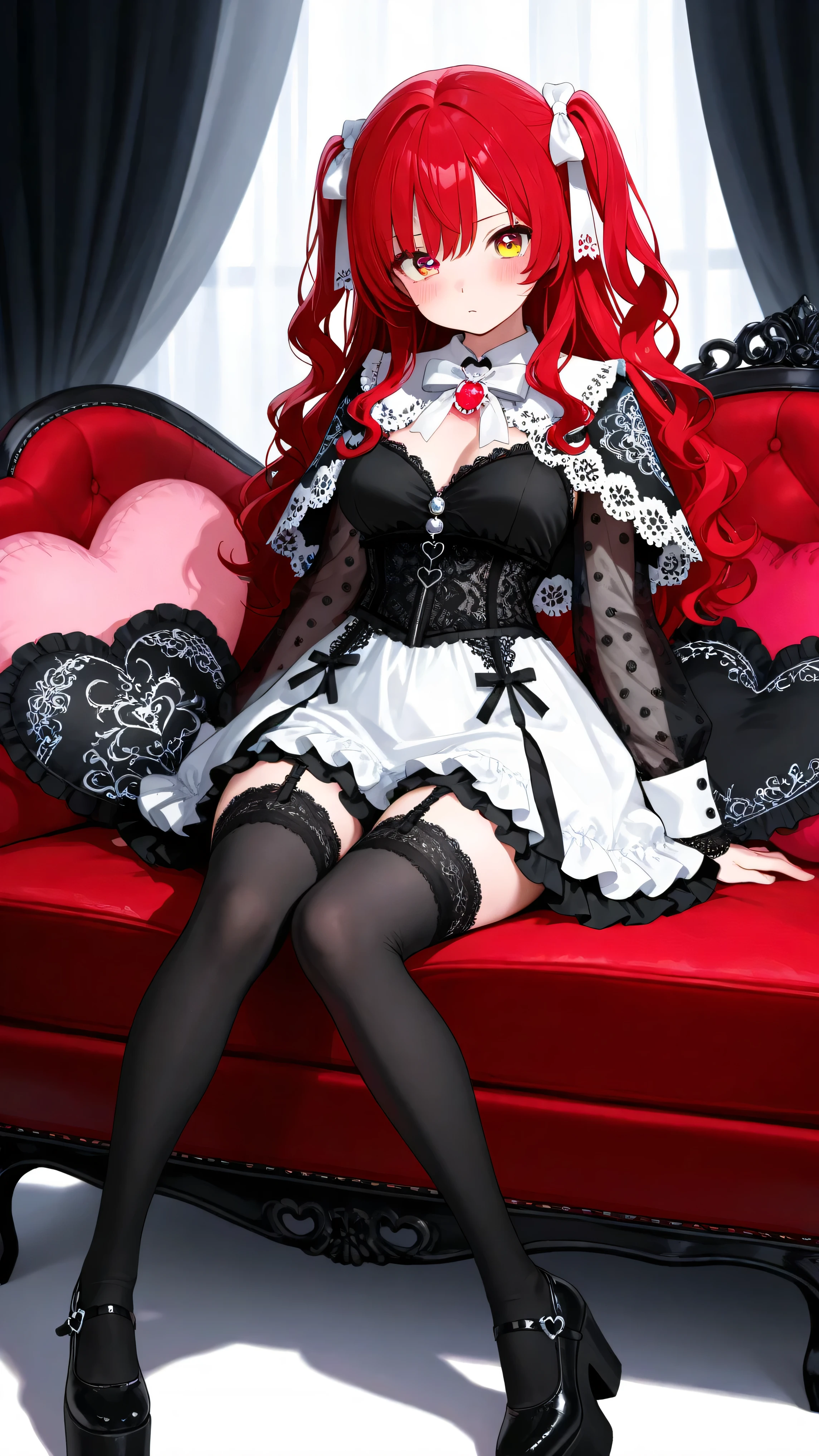 1girl, solo, long hair, , looking at viewer, blush, red hair, long sleeves, sitting, heart, two side up, eyes mismatched in color , red eyes, yellow eyes, wavy hair, Ivory long-sleeve mini dress with layered ruffle lace capelet overlay and subtle scalloped hem; black lace-trimmed Peter Pan collar forming decorative bow at front center secured with crystal button; matching black lace trim at sleeve cuffs; high-waisted integrated black lace corset belt with pearl-effect buckle detail; flared A-line skirt beneath capelet; white lace-trimmed thigh-high socks; black patent leather platform Mary Jane shoes with single strap and rounded toe, frilled dress, white bow, curtain, couch, see-through sleeves, heart-shaped pillow